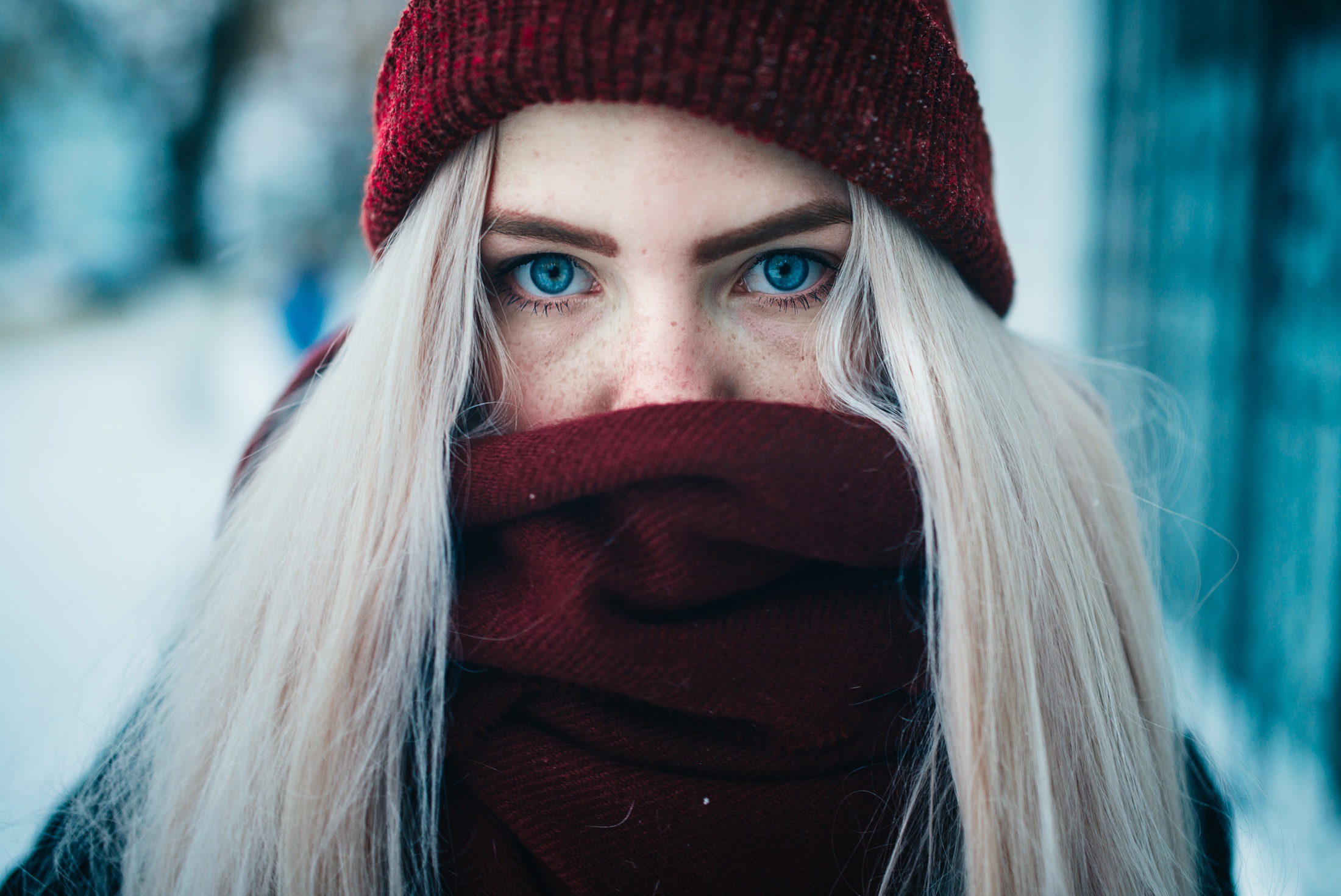 Blonde Blue Eyes Freckles Girl Hat Model Scarf Stare Woman 2200x1470
