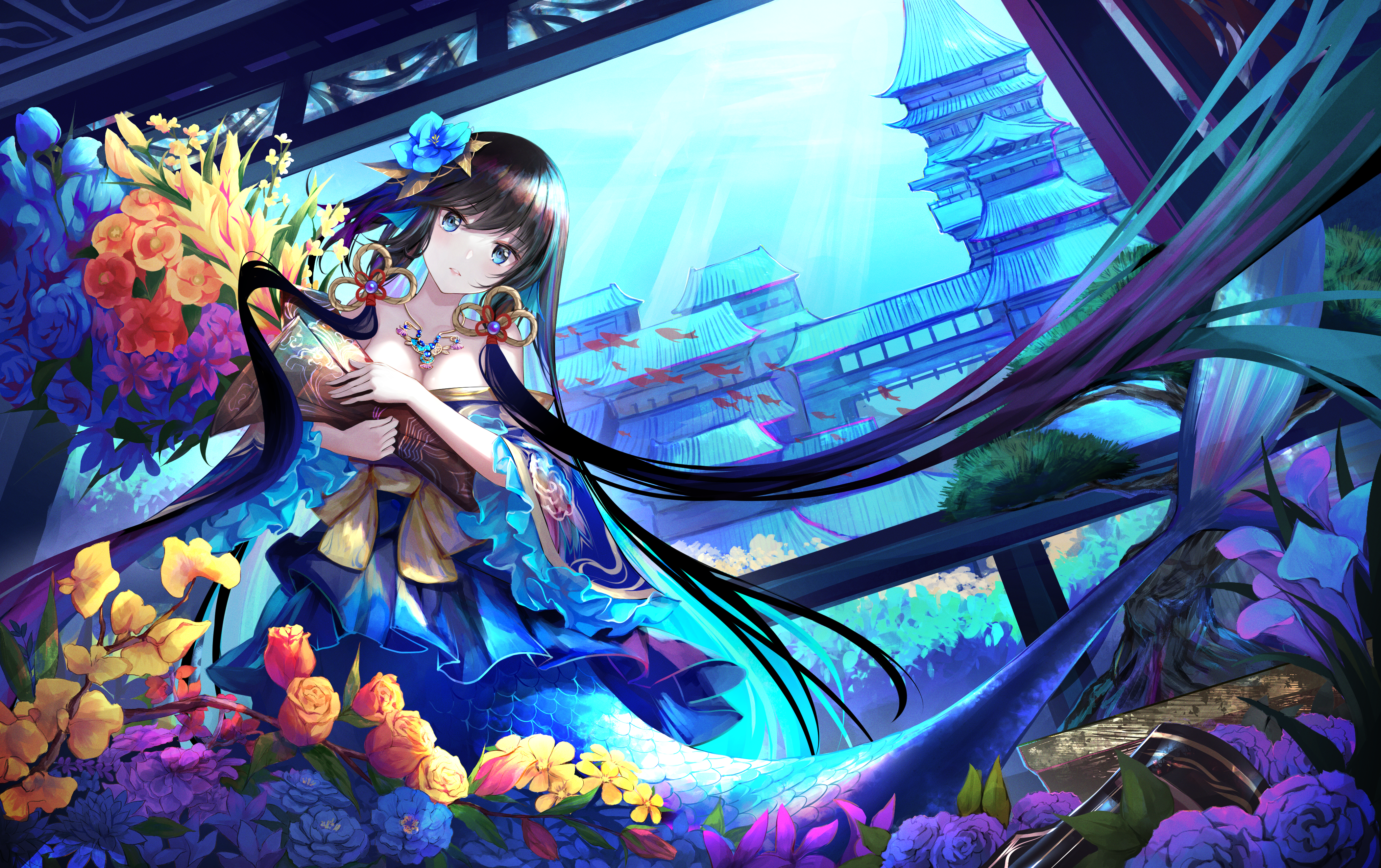Mermaids Flowers Underwater Anime Anime Girls Long Hair Dark Hair Blue Eyes 4200x2640