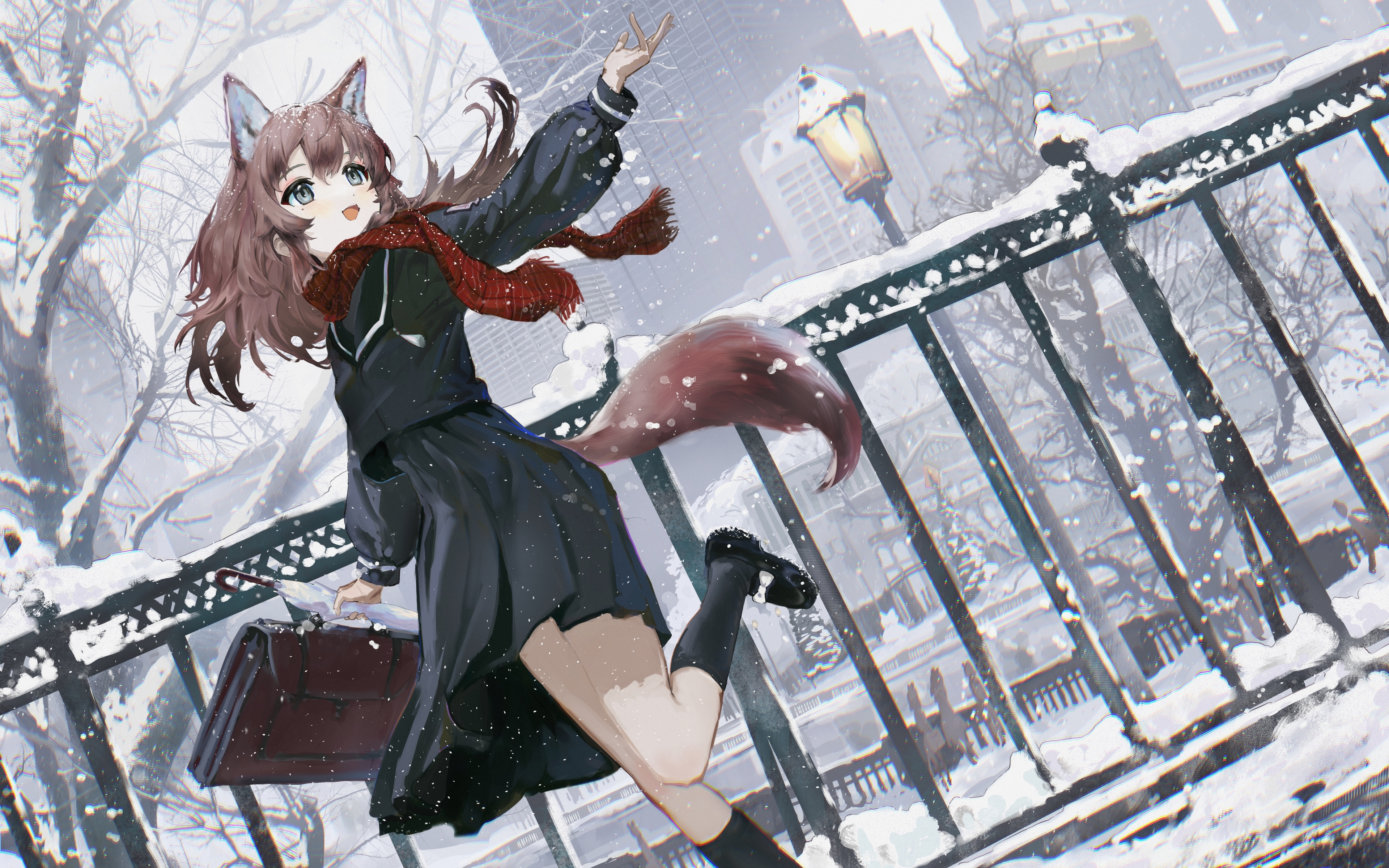 Anime Anime Girls Original Characters Fox Girl Snow Scarf School Uniform 3840x2400