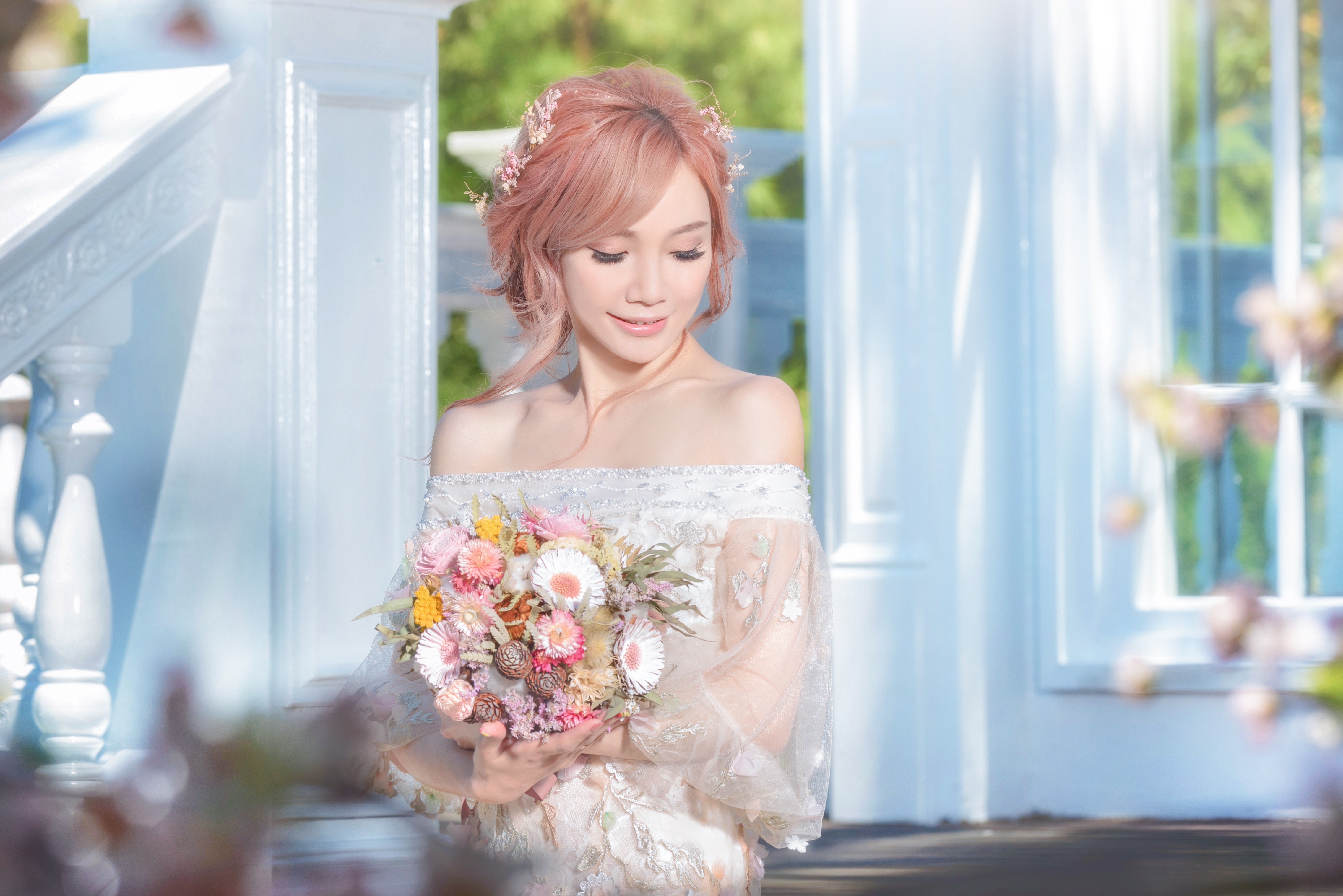 Asian Bouquet Depth Of Field Girl Model Mood Pink Hair Wedding Dress Woman 4545x3034
