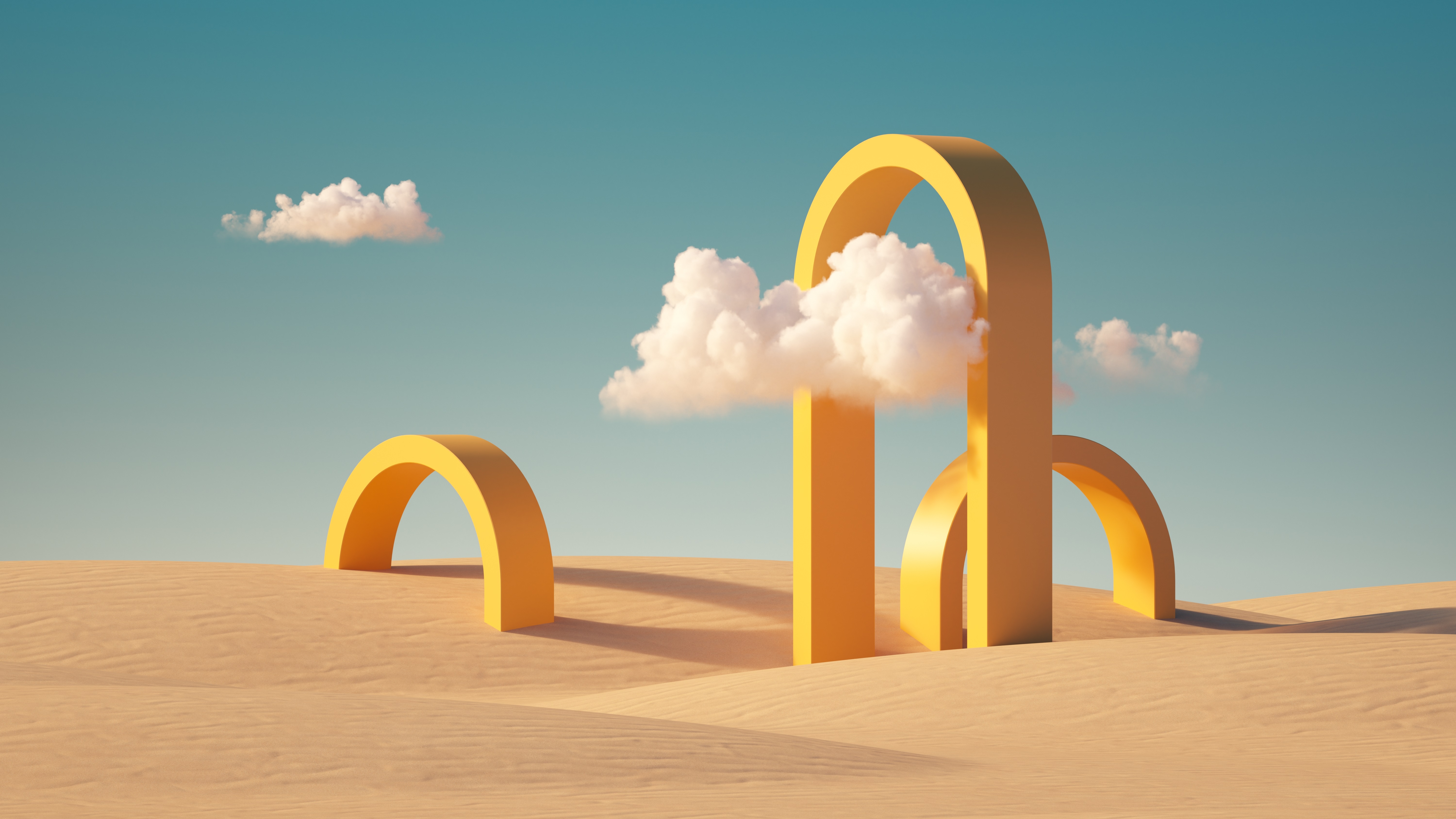 3D Render Artwork Sky Clouds Landscape Abstract Geometry Arch Yellow Desert Sand Dunes 6000x3375