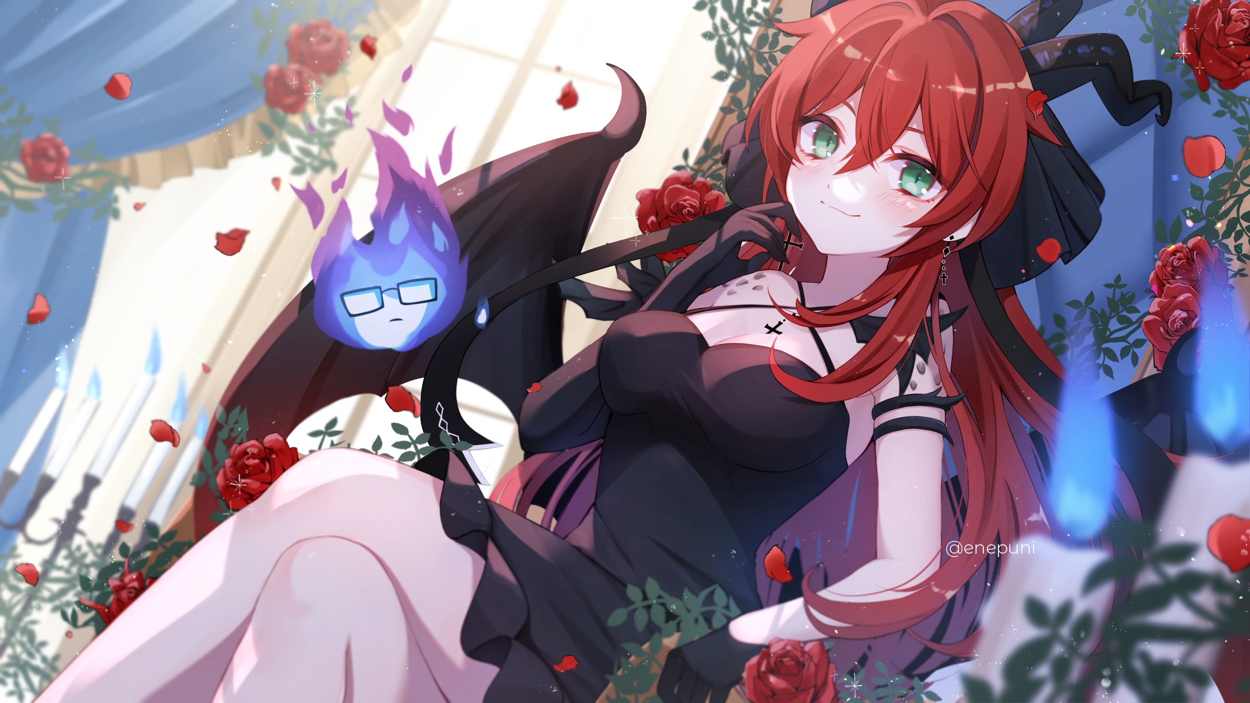 Anime Anime Girls Redhead Green Eyes Dress Black Dress Legs Crossed Rose Flowers Plants Looking At V 2560x1440