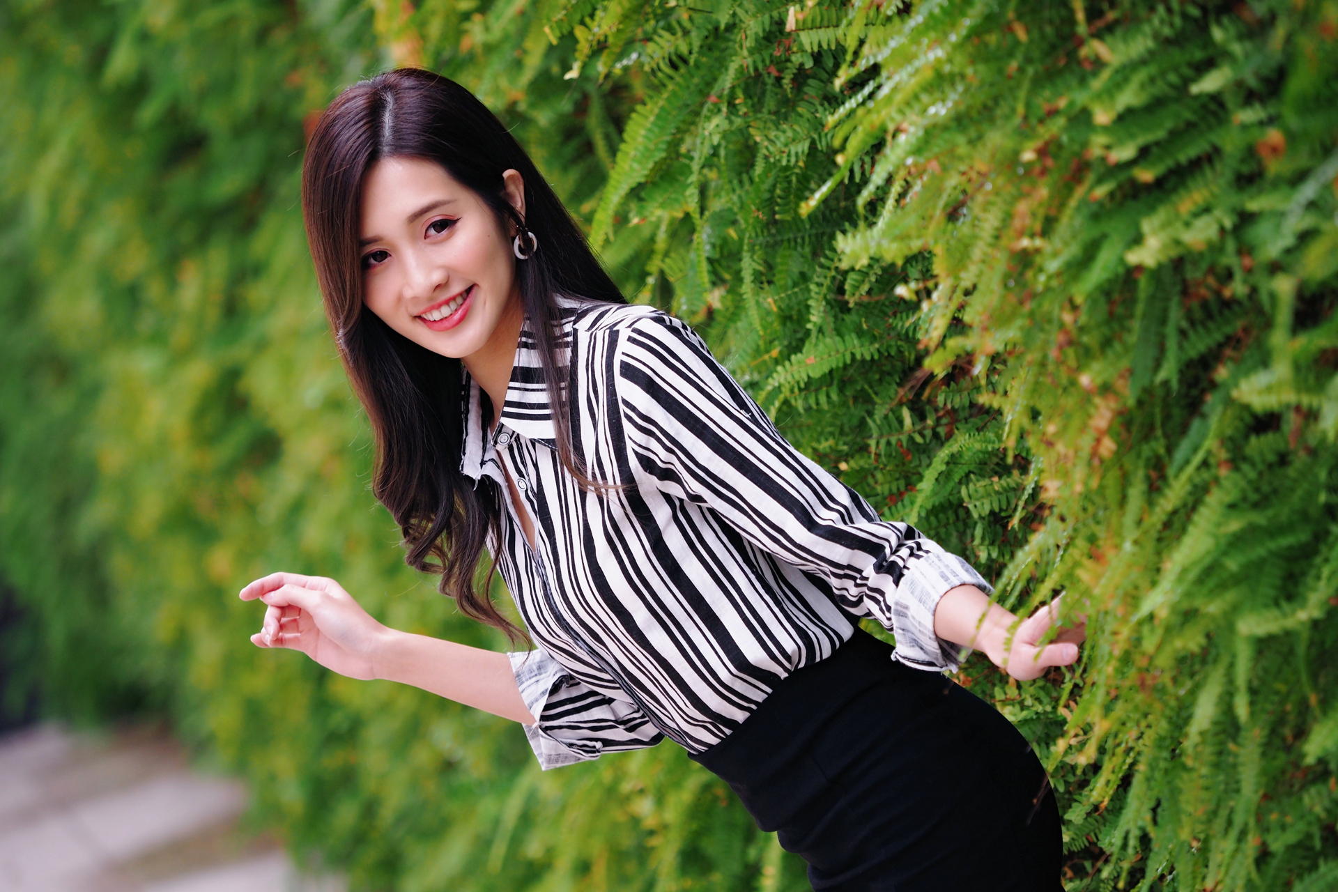 Asian Model Women Long Hair Brunette Black Skirts Striped Shirt Bushes Depth Of Field 1920x1280