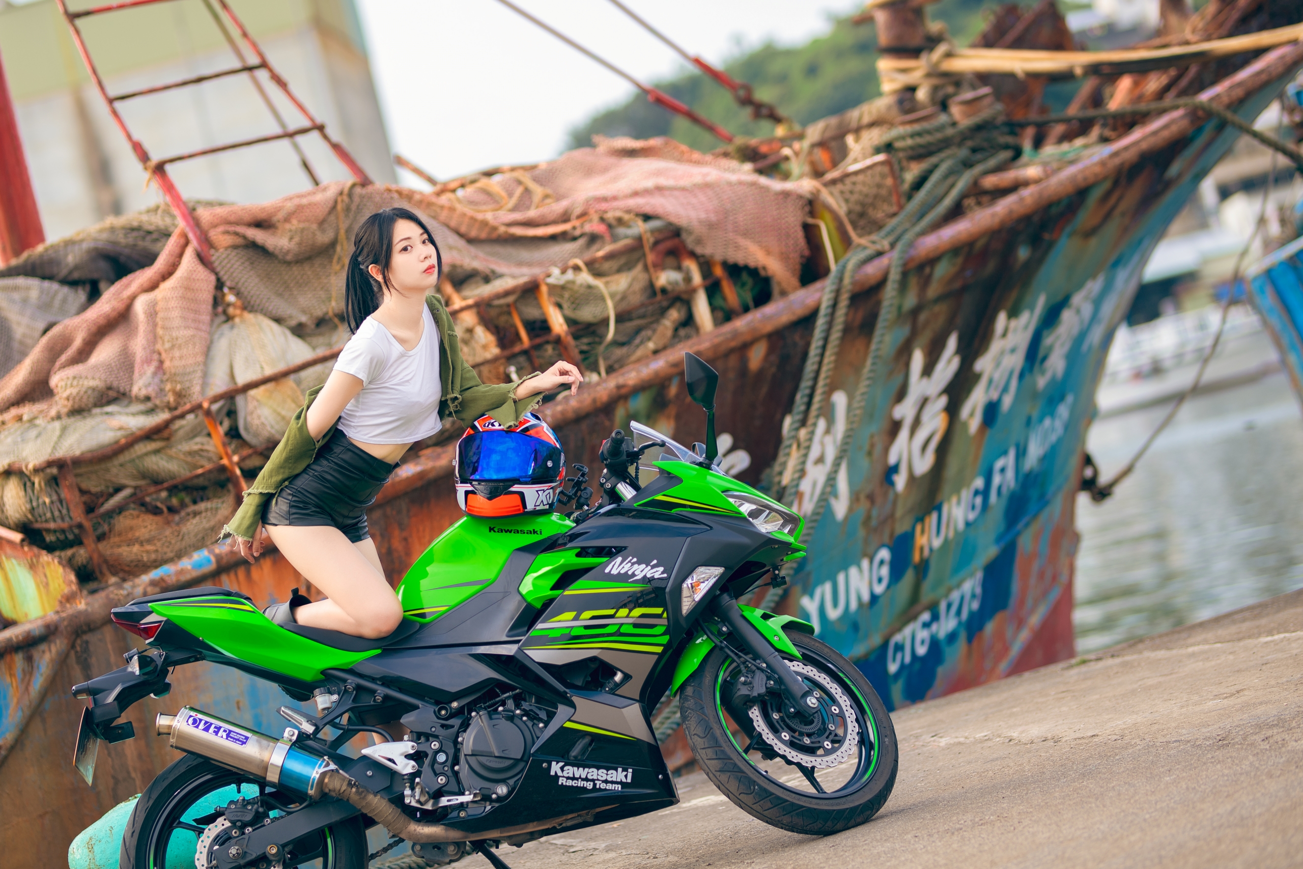 Asian Women Model Brunette Ponytail White Tops Jacket Looking At Viewer Motorcycle Women With Motorc 2560x1707