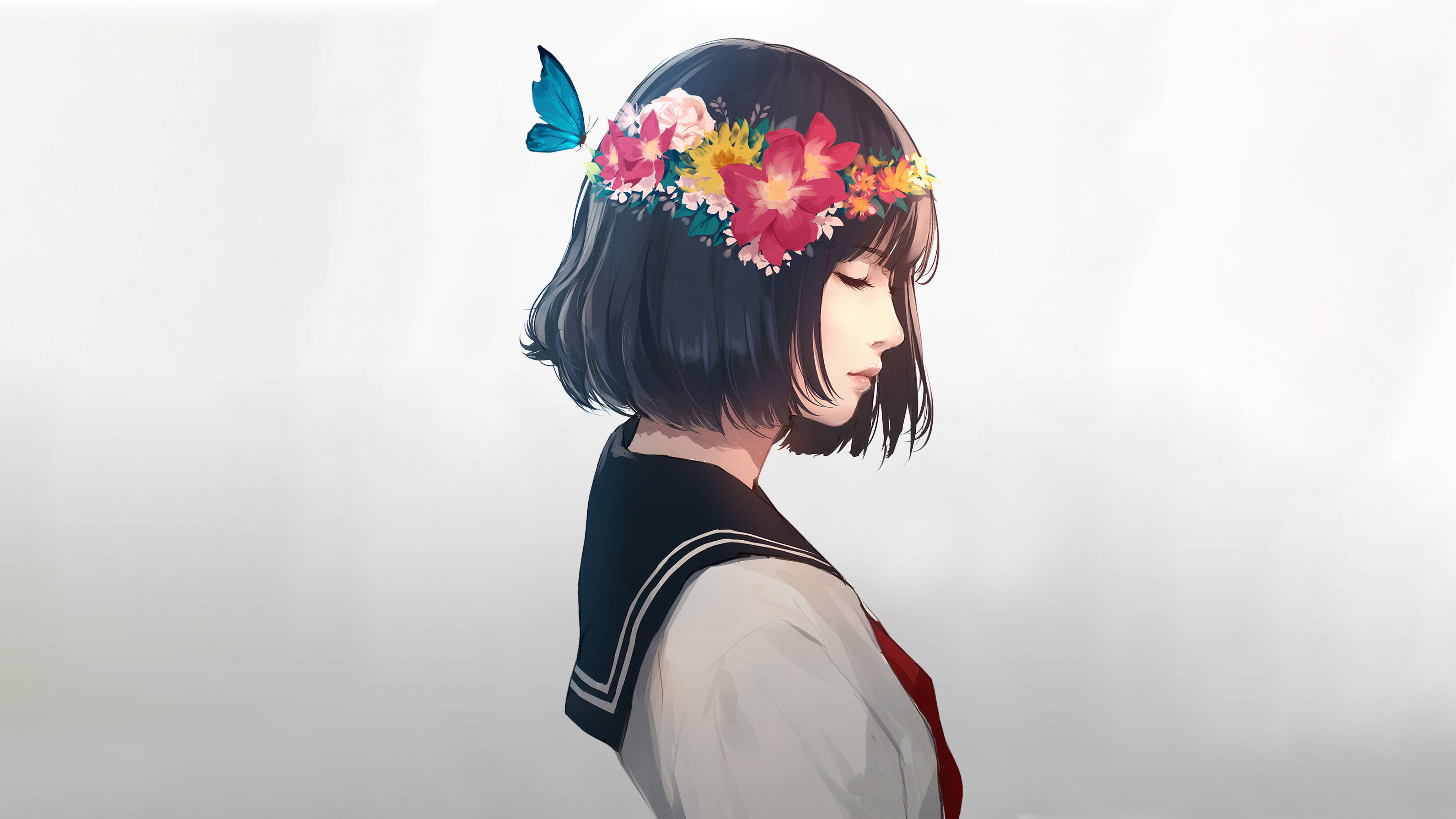 Digital Art Black Hair Short Hair Sailor Uniform Flowers Flower In Hair Butterfly White Background C 4096x2304