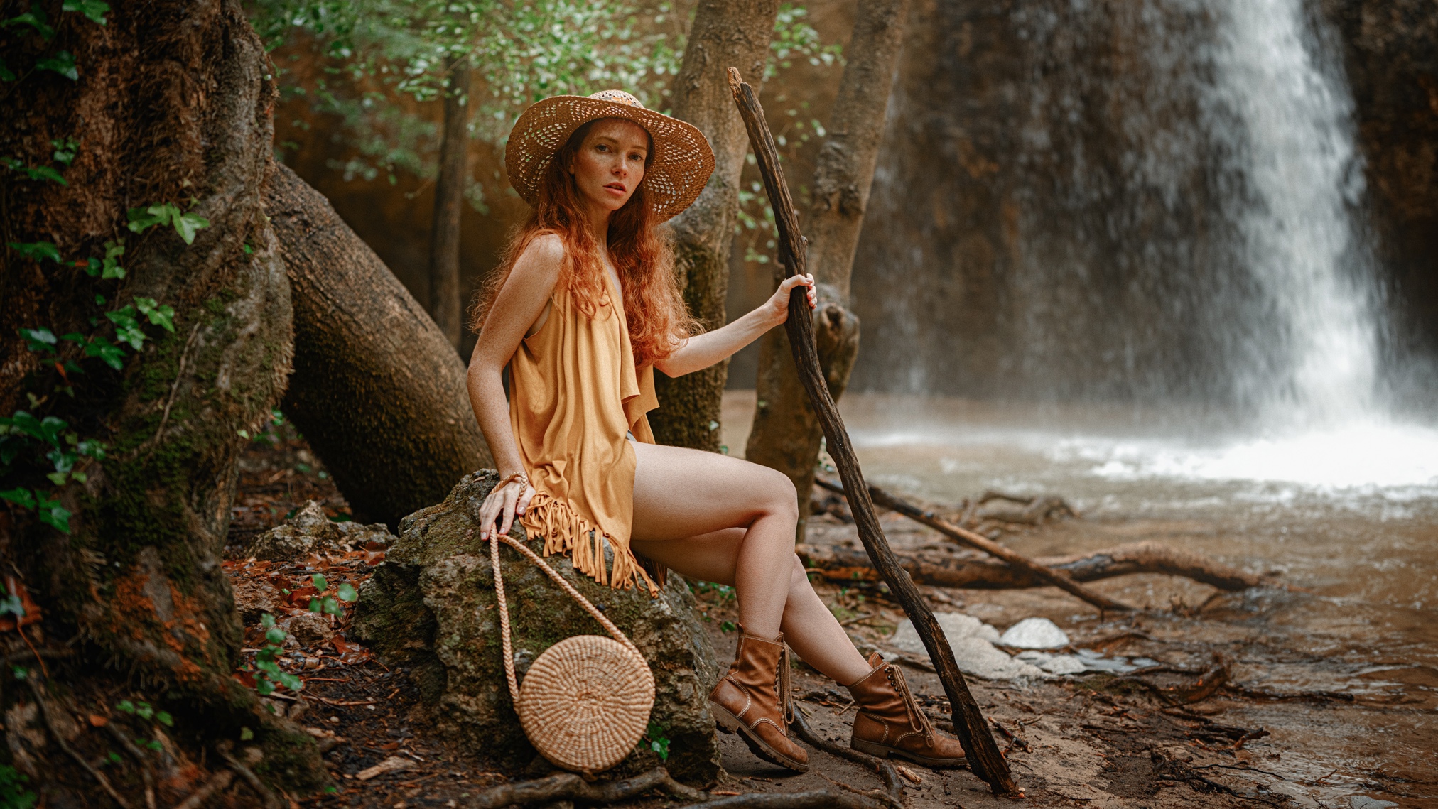Women Oksana Butovskaya Hat Redhead Freckles Dress Boots Trees Waterfall Mo...