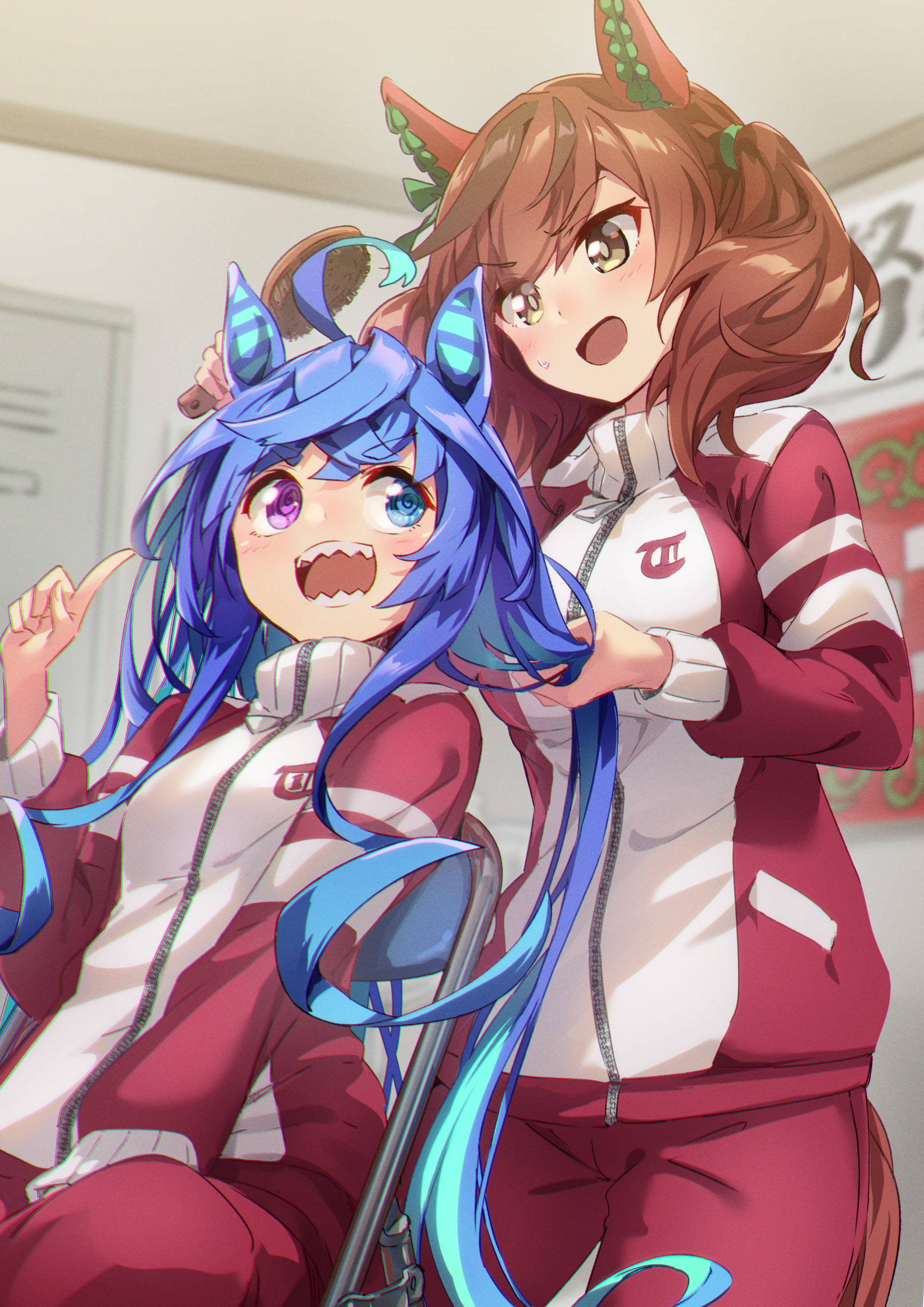 Uma Musume Pretty Derby Tracksuit Twintails Open Mouth Shark Teeth Blushing Bangs Ahoge Holding Hand 2121x3000