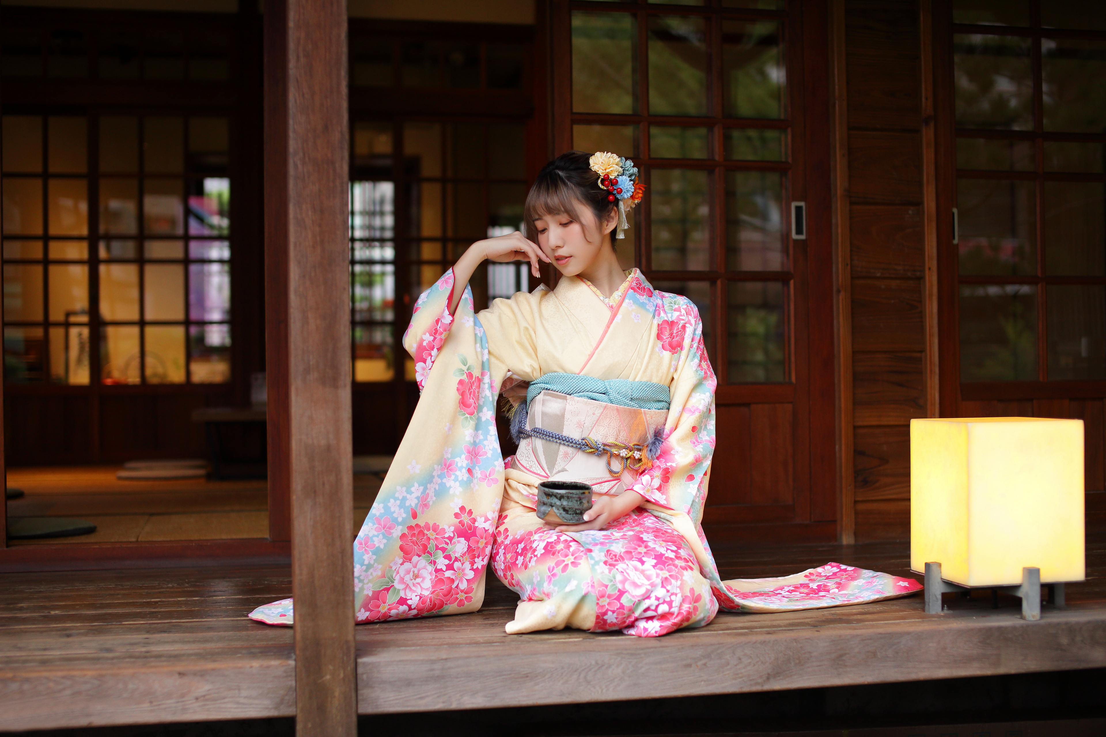 Asian Model Women Long Hair Dark Hair Depth Of Field Sitting Porch Traditional Clothing Kimono Hair  3840x2560
