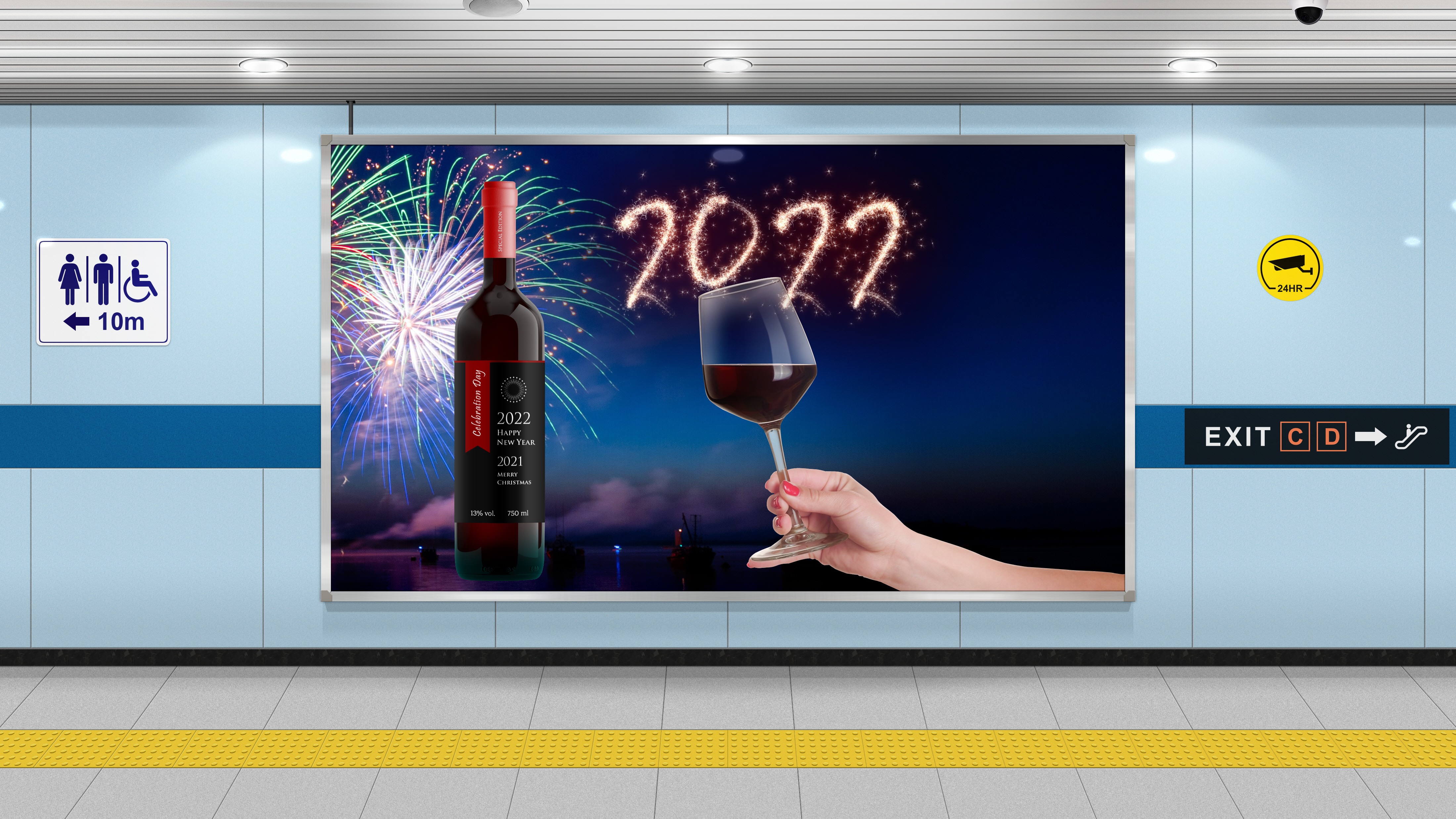 Subway Station Hallway Passage Wine 2022 Year Happy New Year Christmas Fireworks 4400x2475