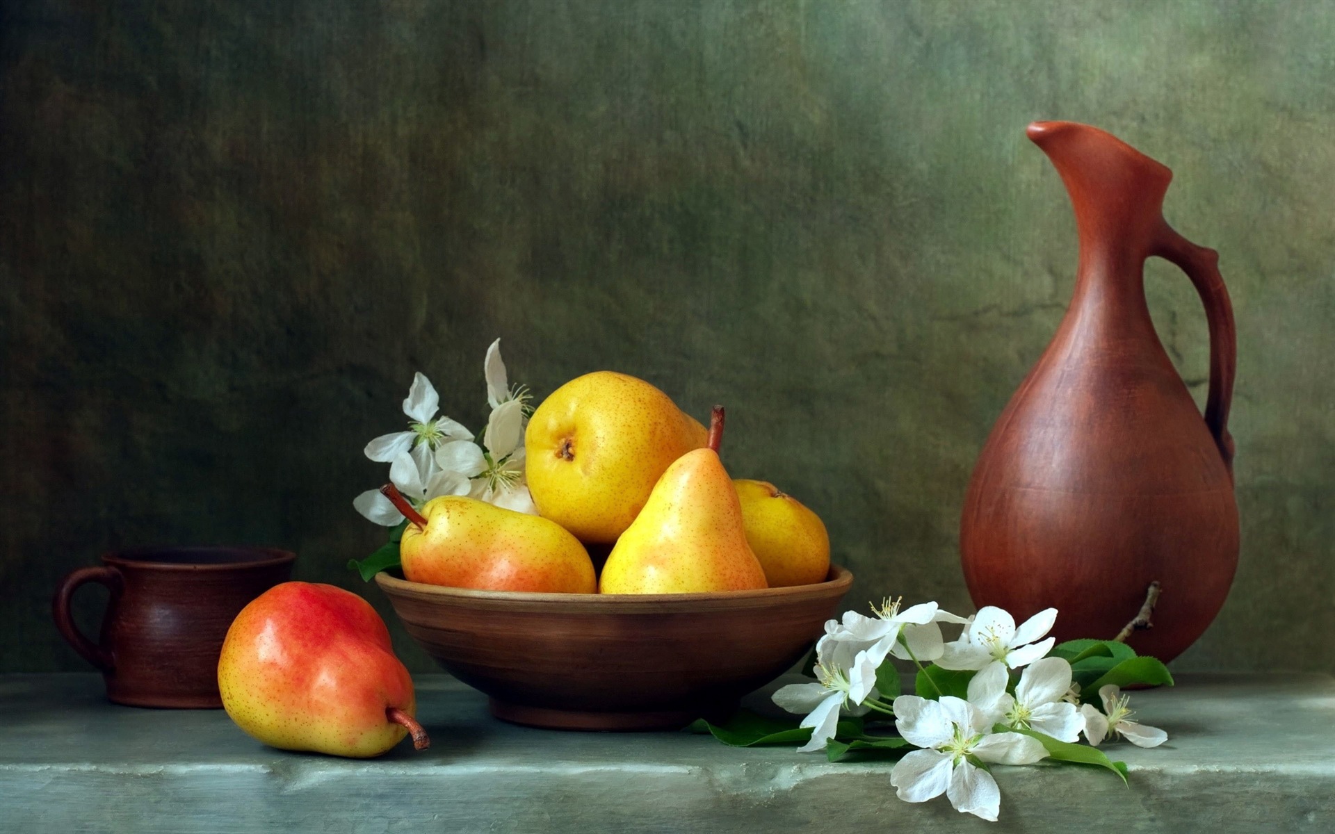 Bowl Pear Flower Pitcher Cup 1920x1200