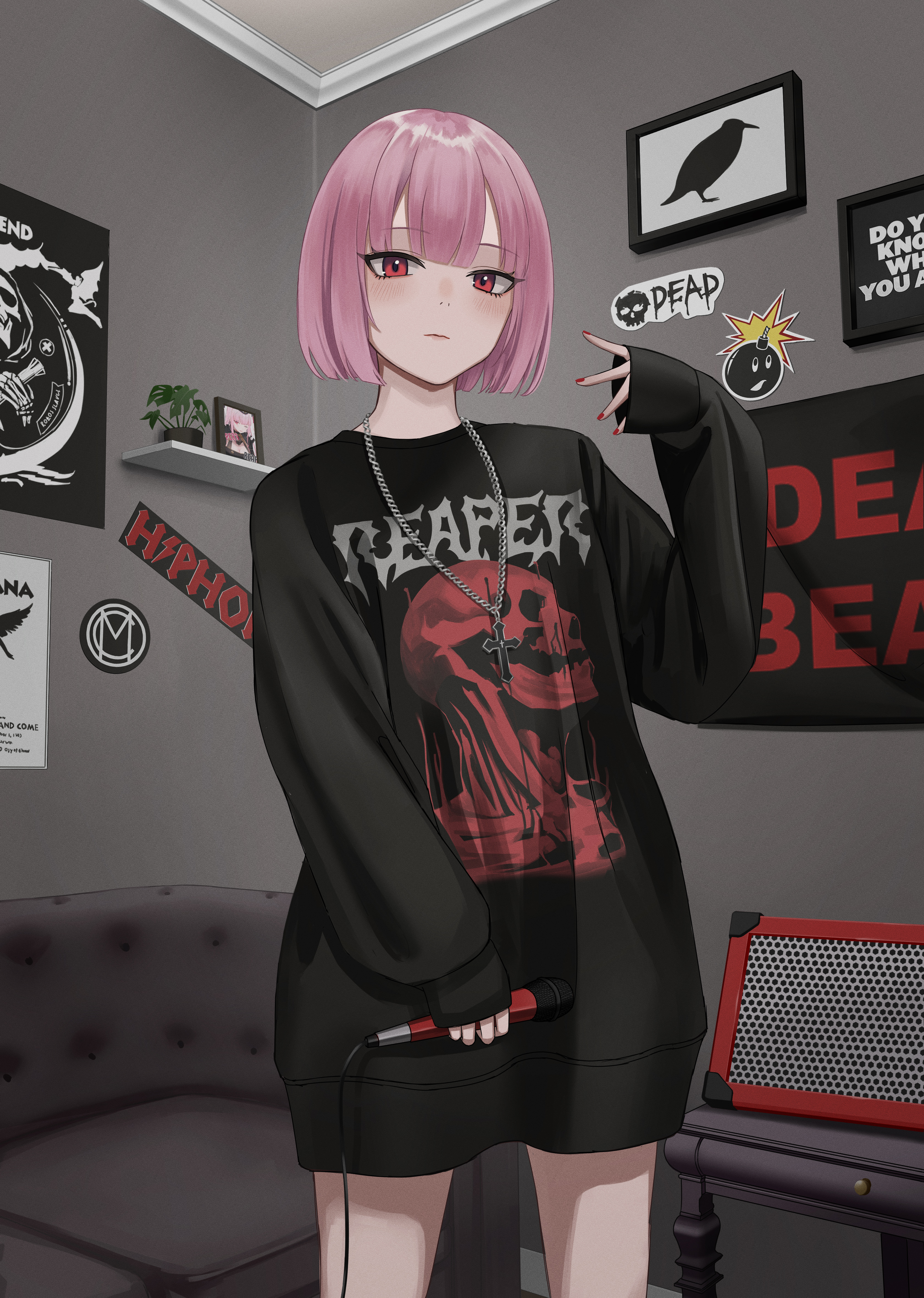 Looking At Viewer Digital Digital Art Anime Anime Girls Pink Hair Red Eyes  Bedroom Peace Sign Poster Wallpaper - Resolution:3362x4725 - ID:1281641 -  
