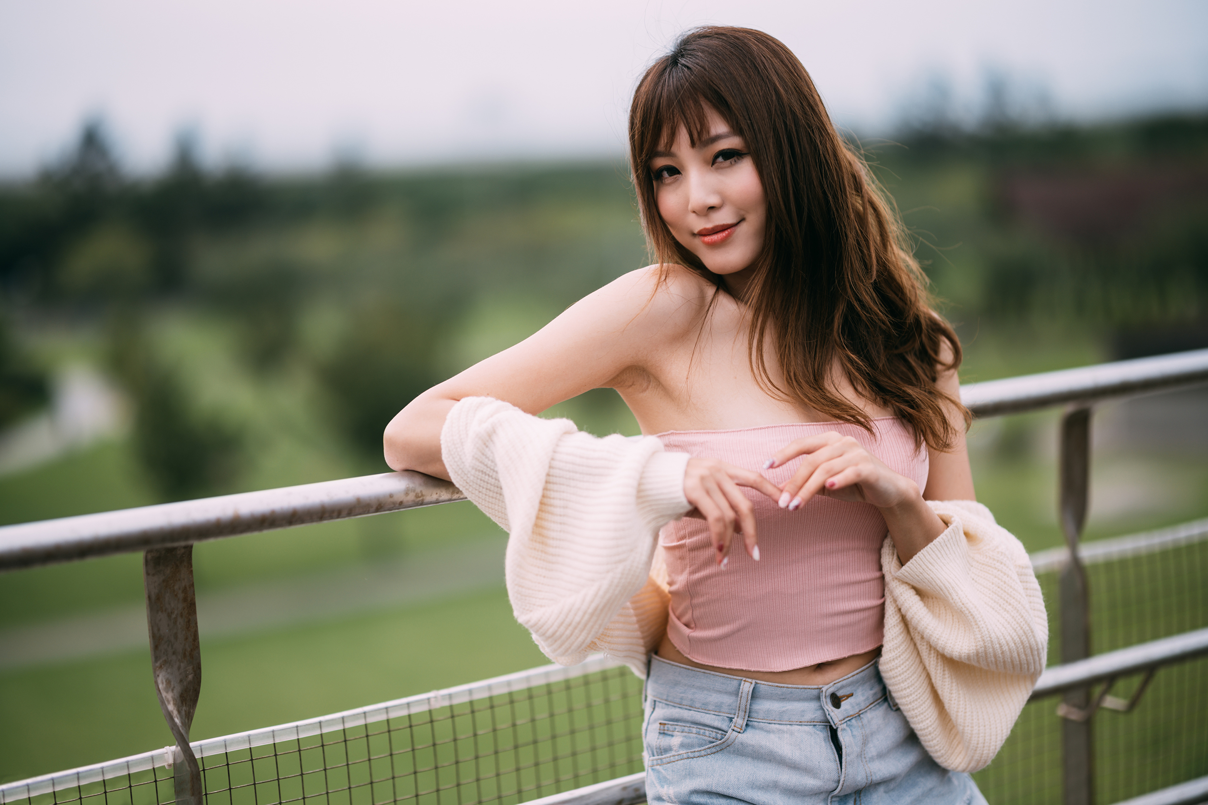 Asian Model Women Women Outdoors Dark Hair Long Hair Depth Of Field Railings Bare Shoulders Pink Top 3840x2559