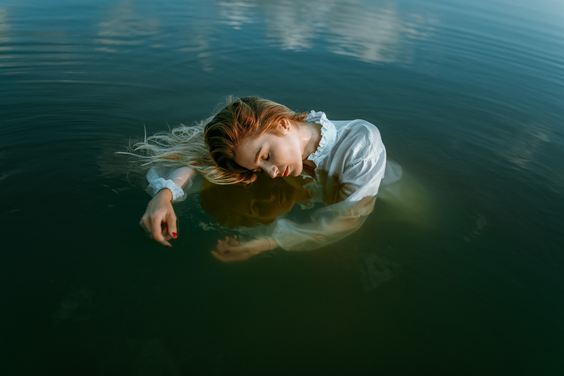Women Model In Water Water Nature Closed Eyes Red Nails Painted Nails Long Hair 1920x1282