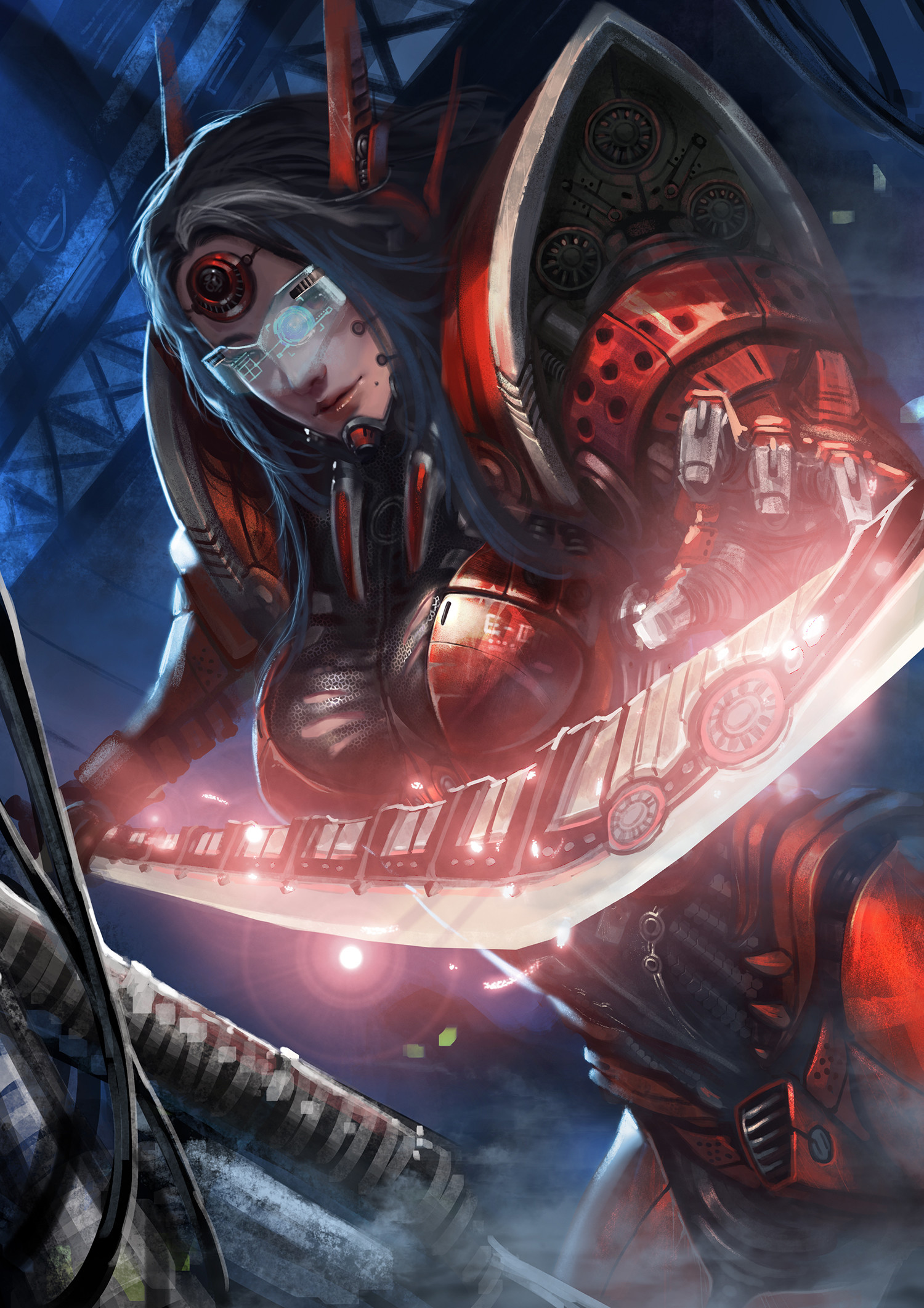 San Mufan Drawing Women Blue Hair Science Fiction Weapon Blades Armor Glasses Red 1500x2122