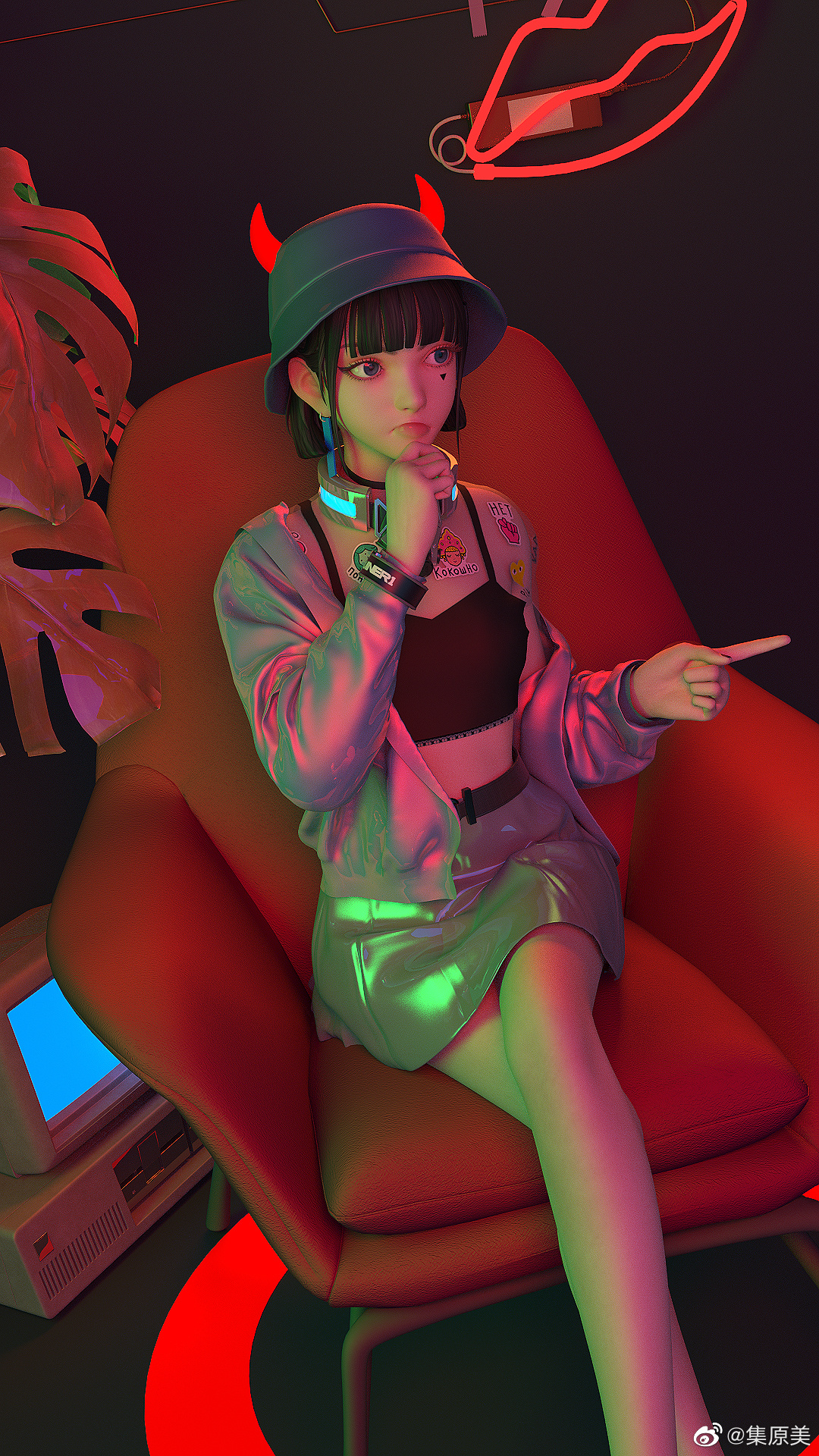 JYANME Anime Anime Girls CGi Render Brunette Sitting Legs Devil Horns 1080x1920