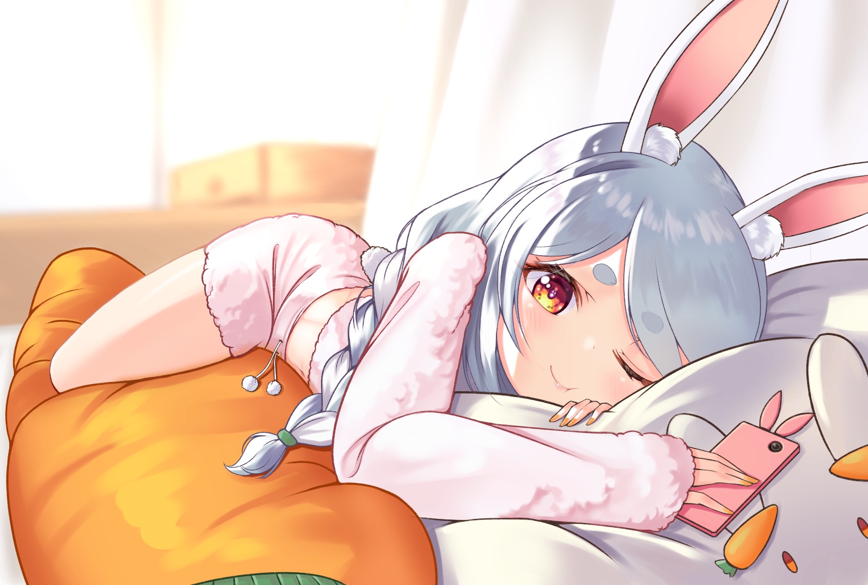 Anime Anime Girls Bunny Ears Bunny Girl One Eye Closed Lying Down Smartphone Long Hair Smiling Paint 1692x1140