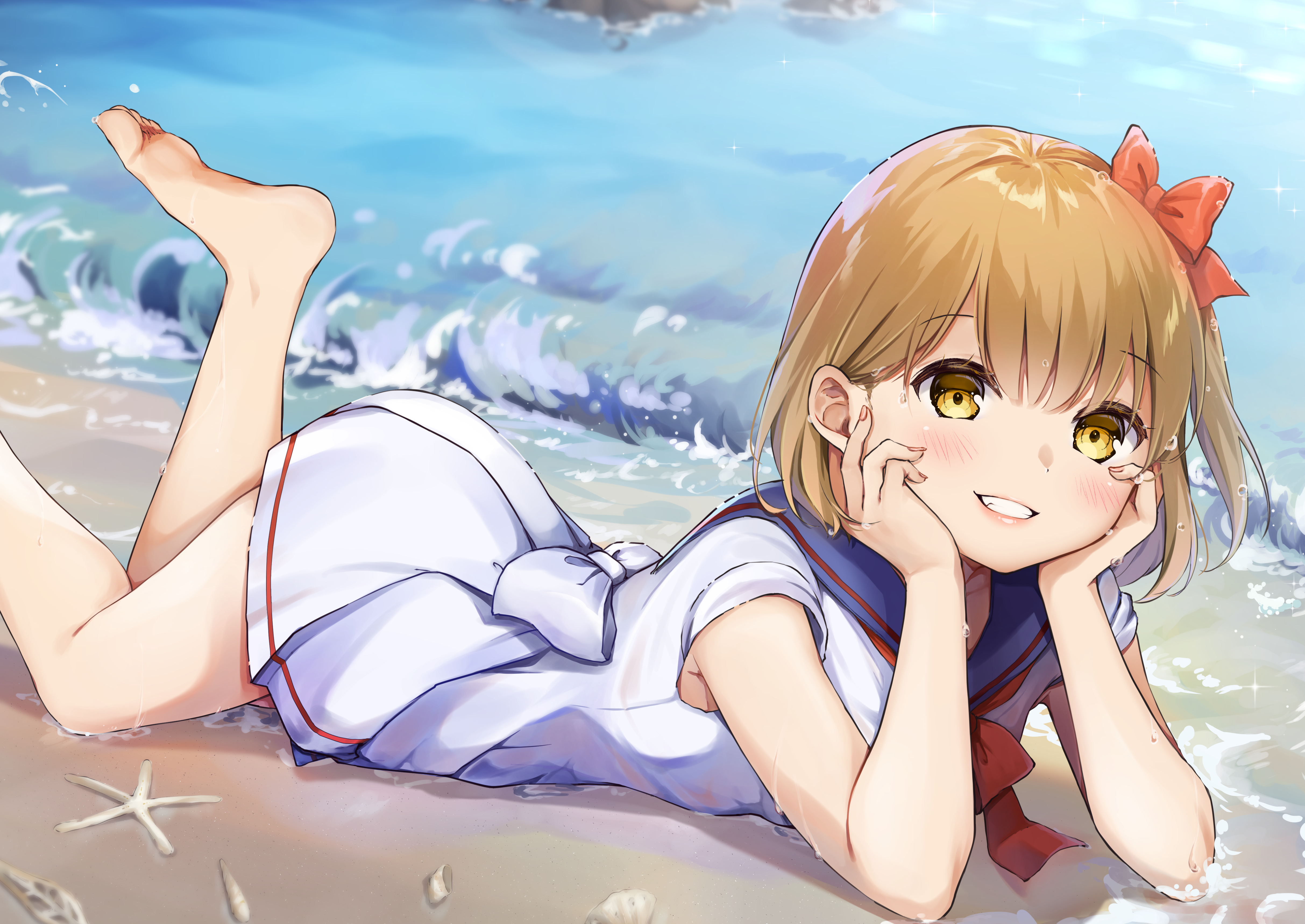 Anime Anime Girls Barefoot Feet Legs Dress Blonde Yellow Eyes Beach Water Smiling Grin KoDa Mat Artw 4852x3437