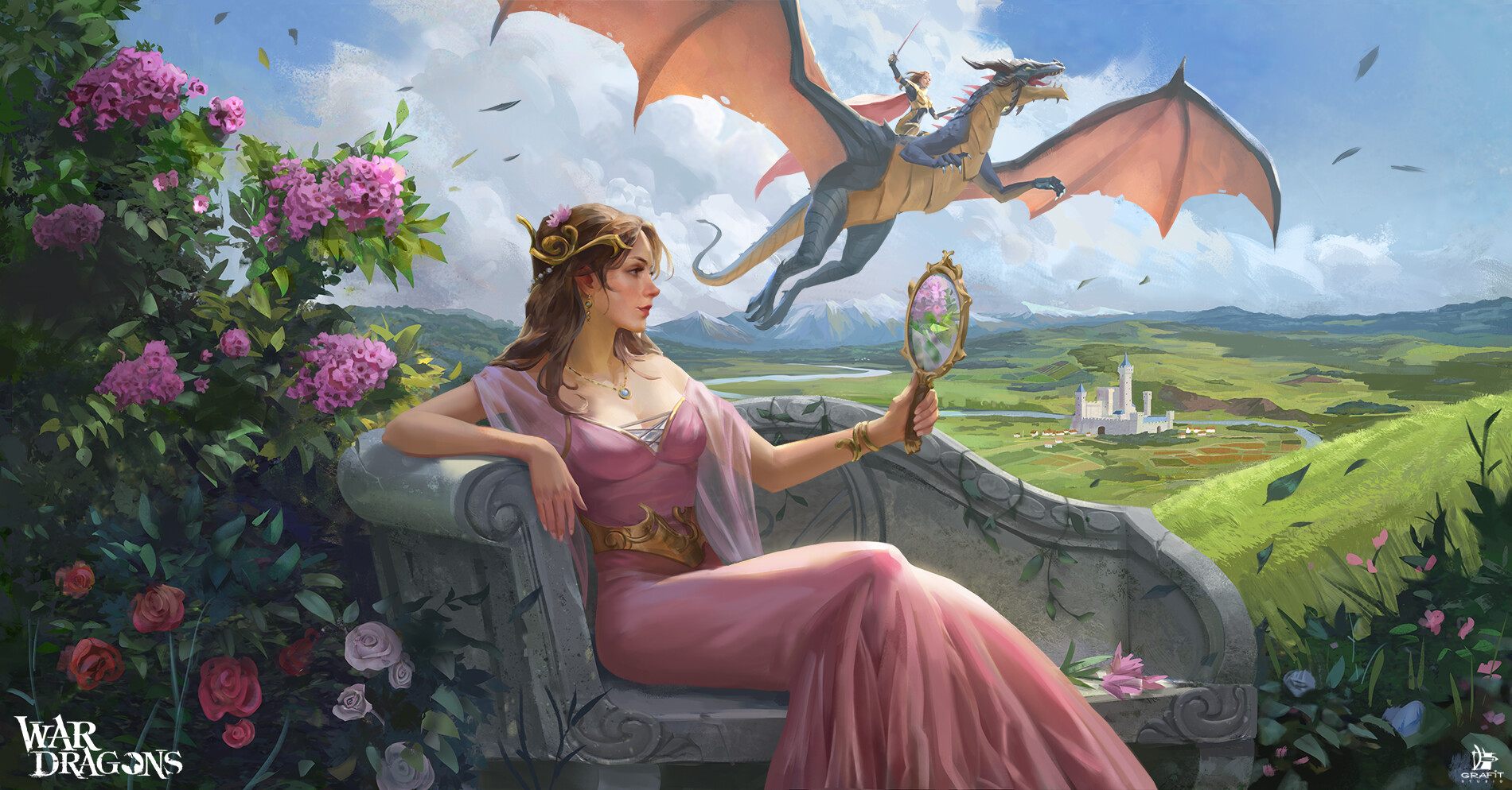 Artwork Fantasy Art Women Dragon Castle Landscape Field Farm Flying Mirror Dress Pink Dress Tiaras F 1900x994