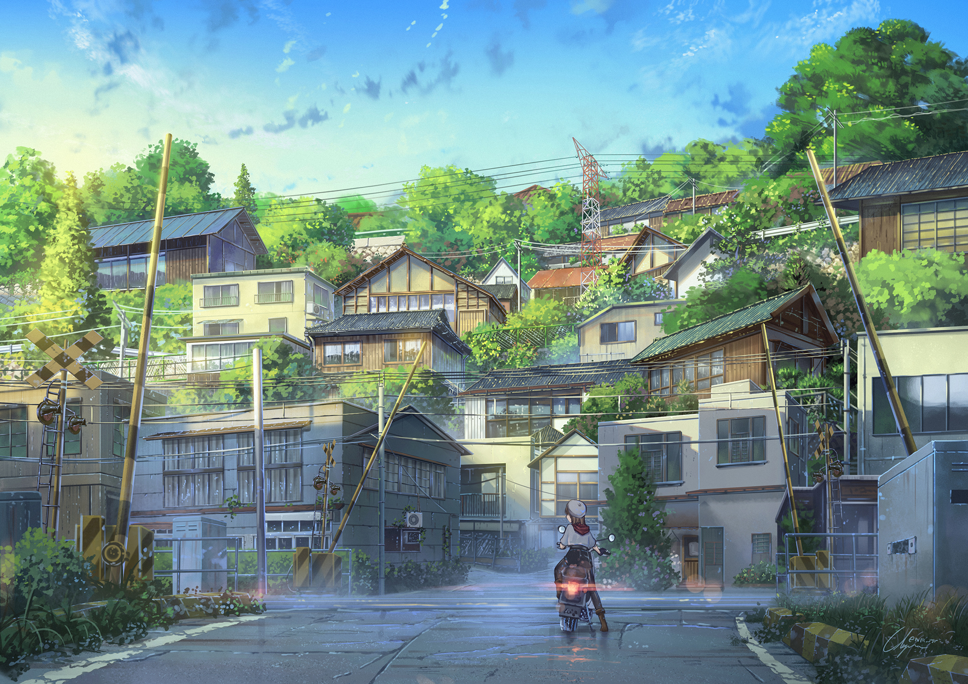 Japan Anime Vehicle Street Power Lines Town Anime Girls Women With Motorcycles Urban Motorcycle Artw 1920x1357