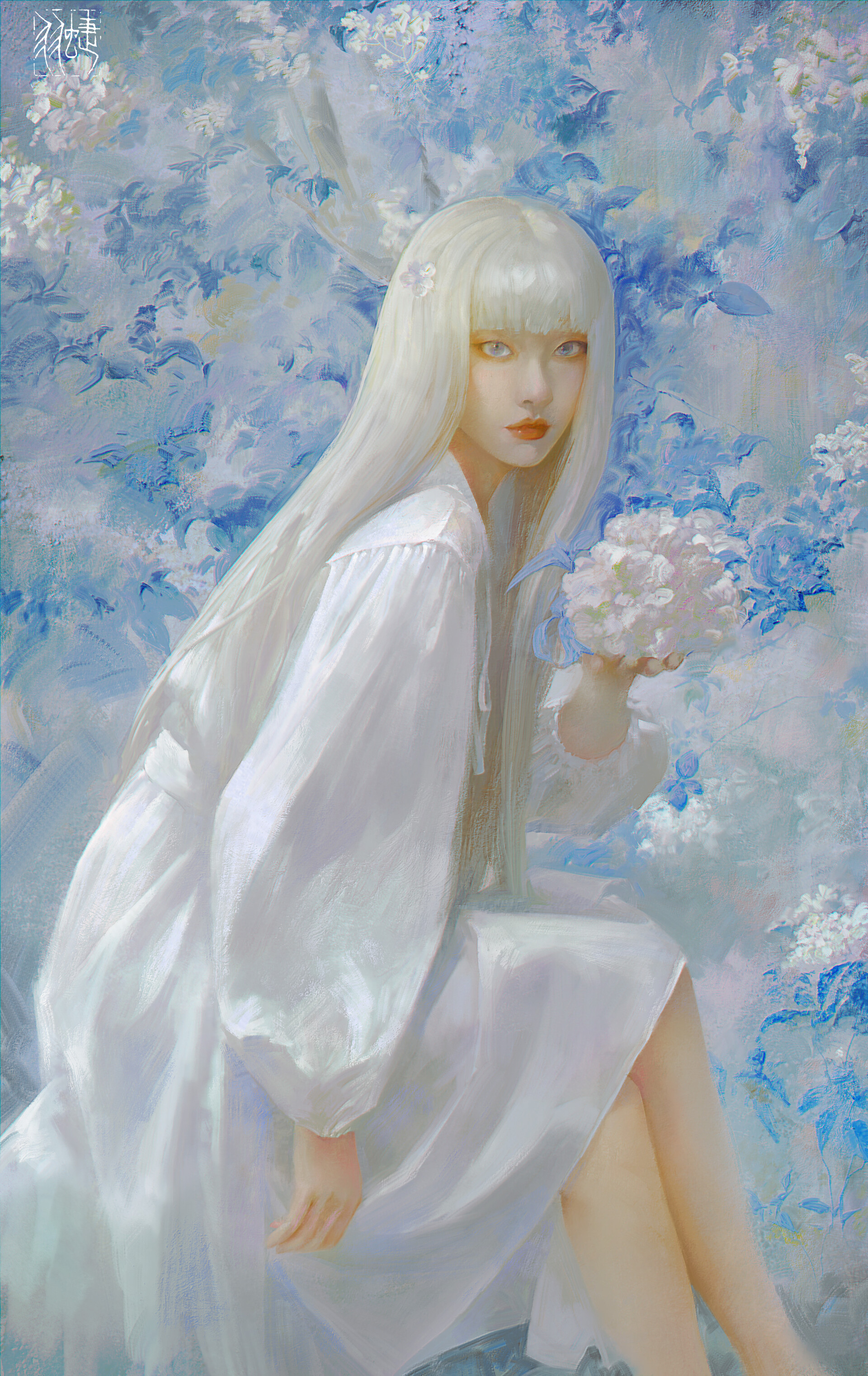 Painting White Flowers White Dress Drawing Blue Eyes 1920x3043