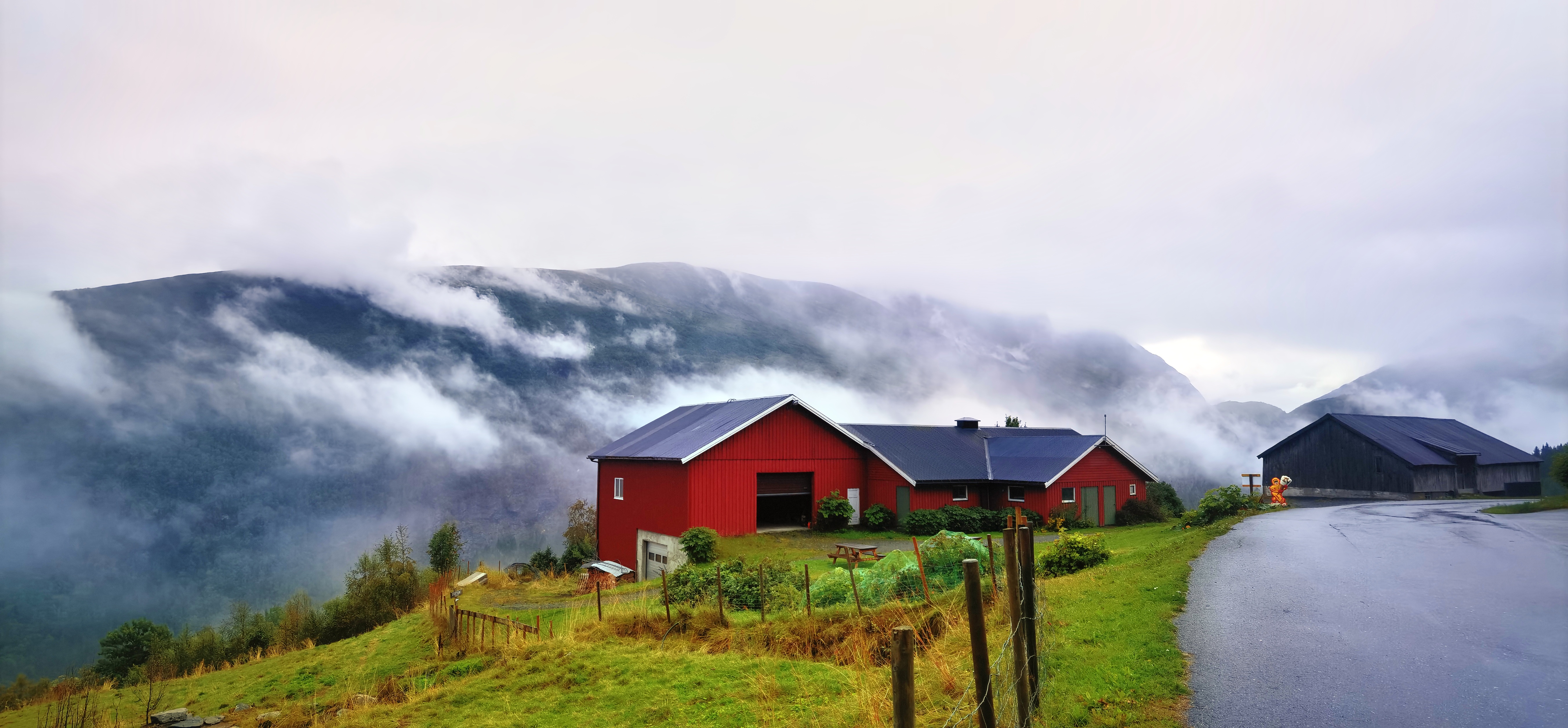 Landscape Norway Mountains House Clouds 5408x2512