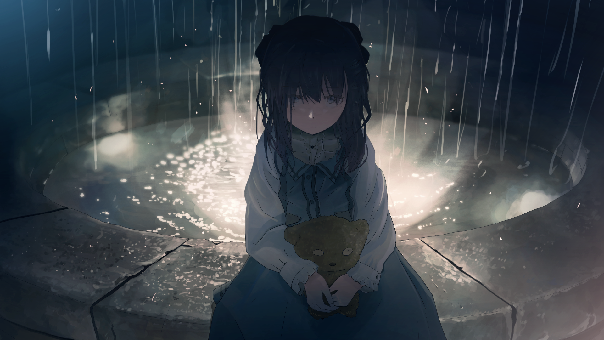 Girl Rain Sadness Well 1920x1080