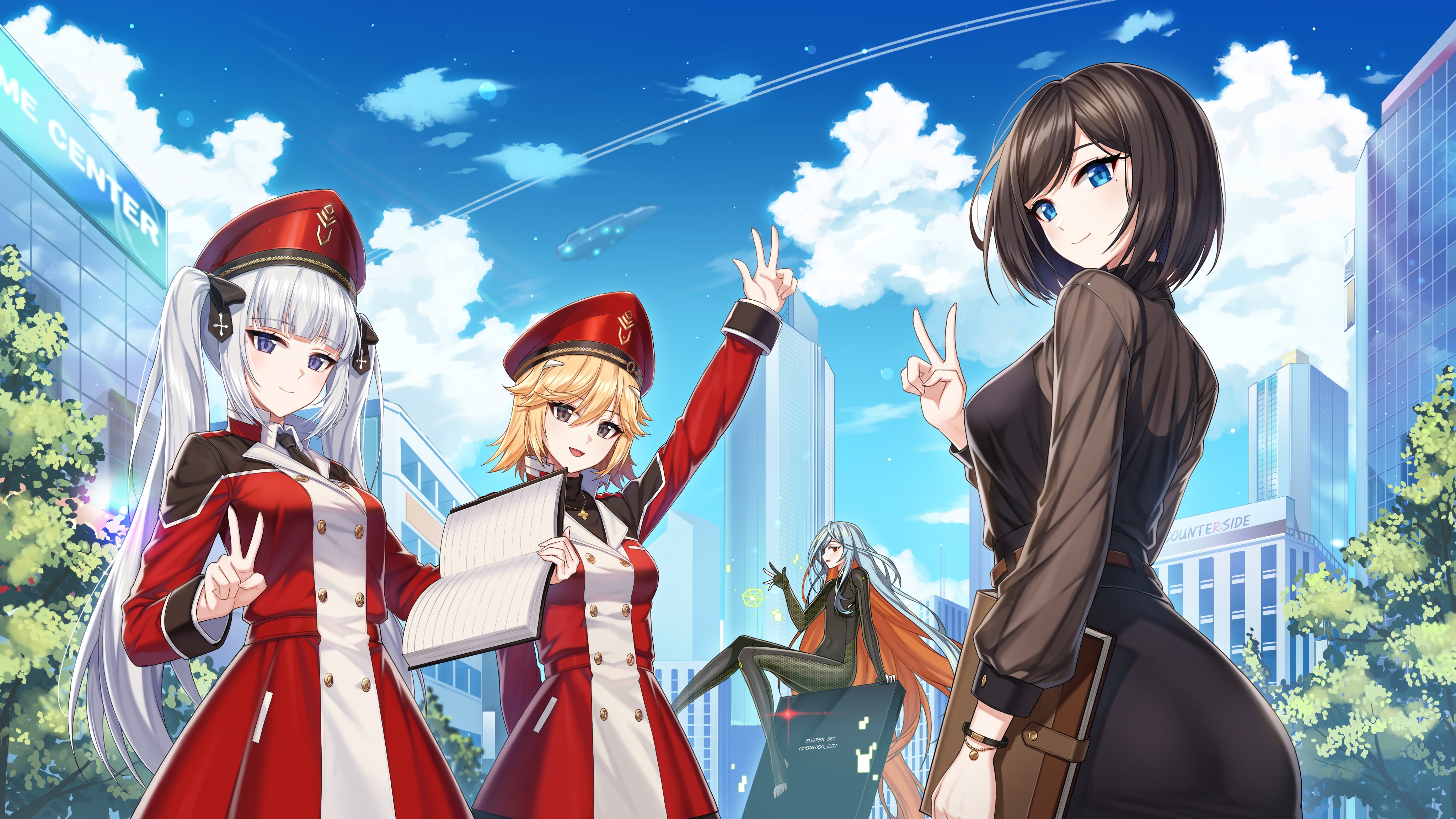 Anime Anime Girls Arms Up Victory Sign Hand Gesture Hat Blue Eyes Brunette 4096x2304
