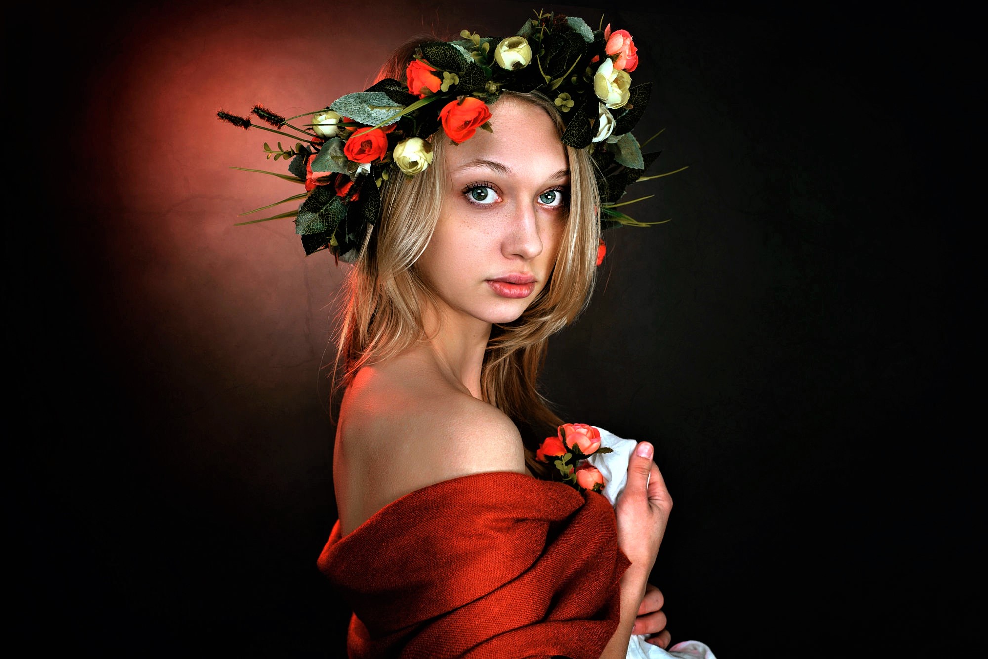 Woman Girl Wreath Flower Blonde Blue Eyes 2000x1335