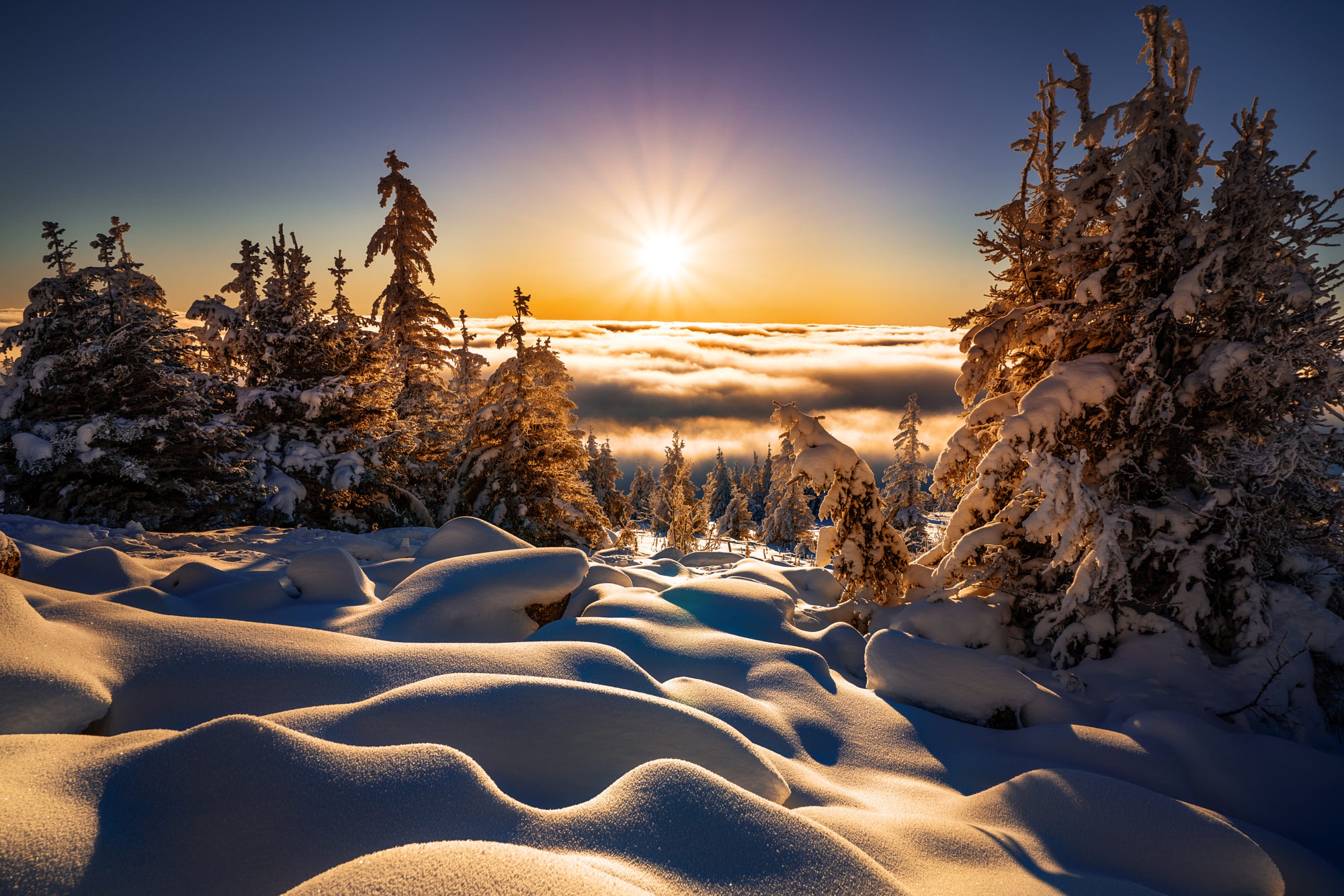 Sun Sunbeam Snow Landscape Nature Horizon 2000x1334