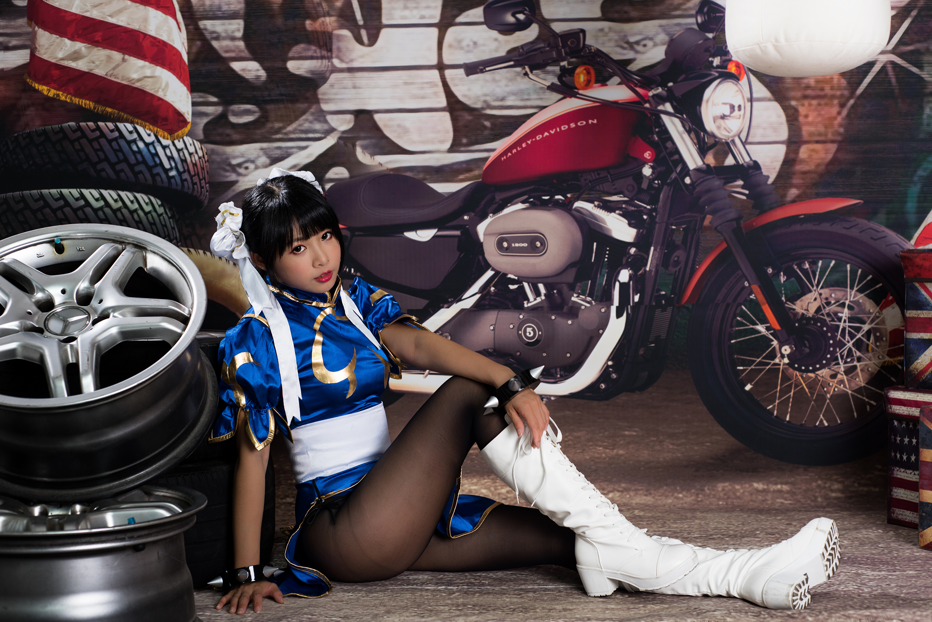 Asian Model Women Dark Hair Short Hair Motorcycle Sitting Cosplay Tires Flag Chun Li 3840x2563