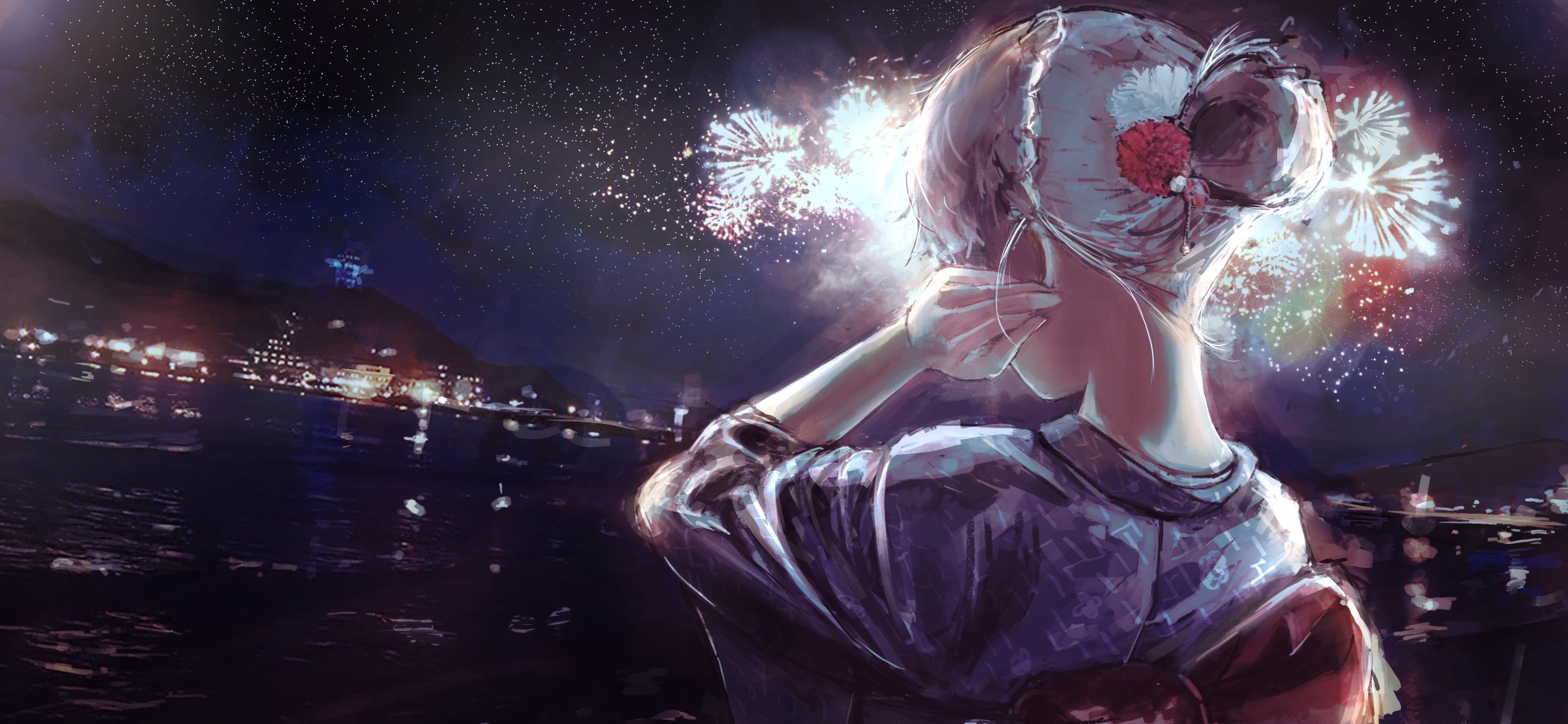 Anime Women Anime Girls Women Outdoors Night Sky Fireworks Monogatari Series 2560x1182