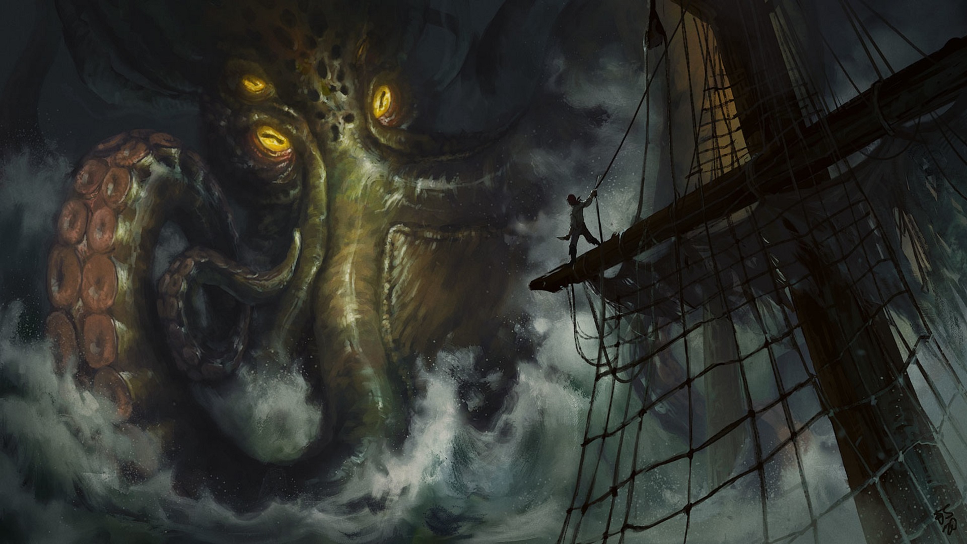 Artwork Fantasy Art Kraken Sailor Sailing Ship Wallpaper -  Resolution:1920x1080 - ID:1258004 
