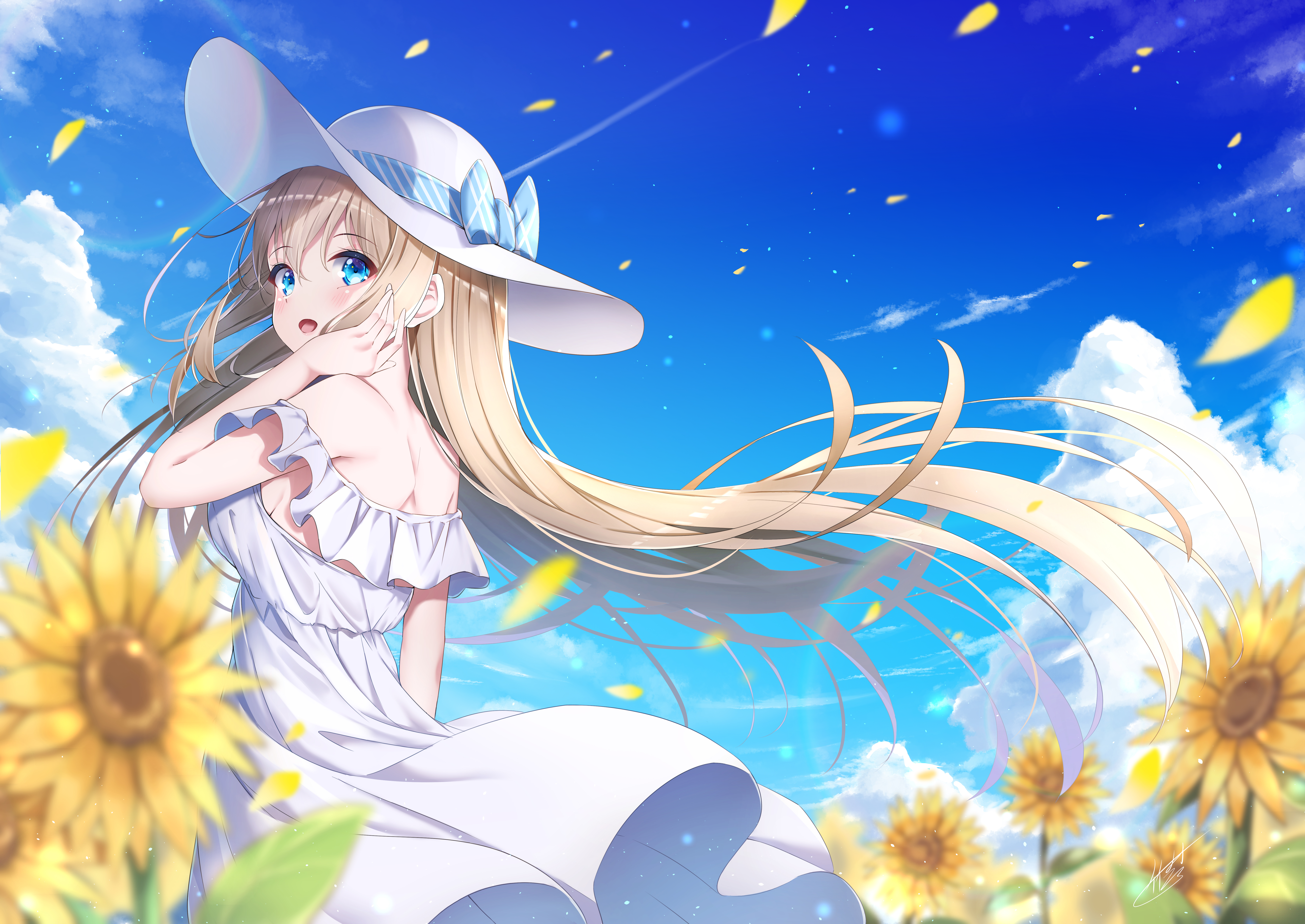 Anime Anime Girls Kou Takemura Artwork Blonde Long Hair Hat Dress Sun Dress Sunflowers Petals 7083x5016