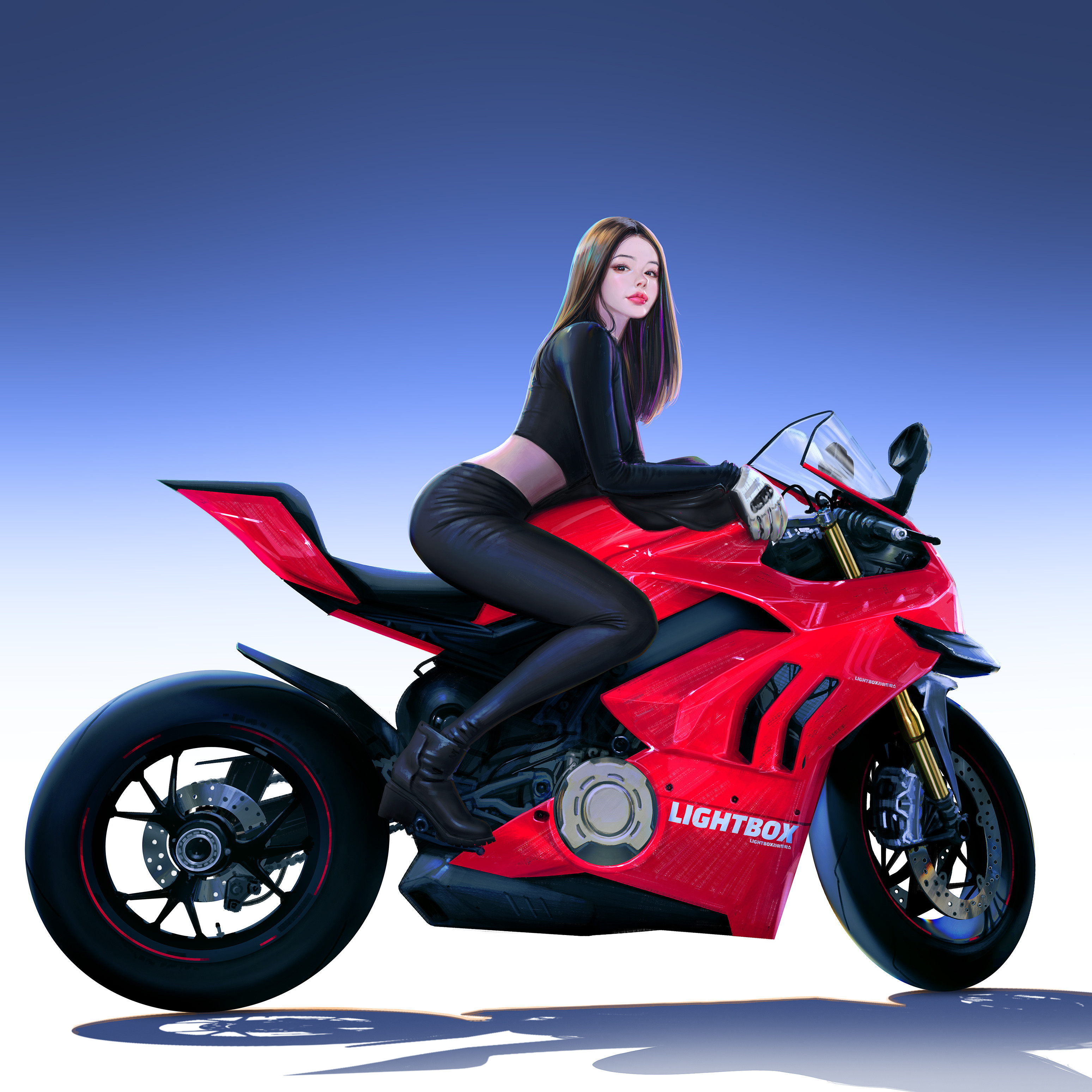 Vehicle Motorcycle Looking At Viewer Red Motorcycles Long Hair Brunette Red Lipstick Artwork Ducati 3096x3096
