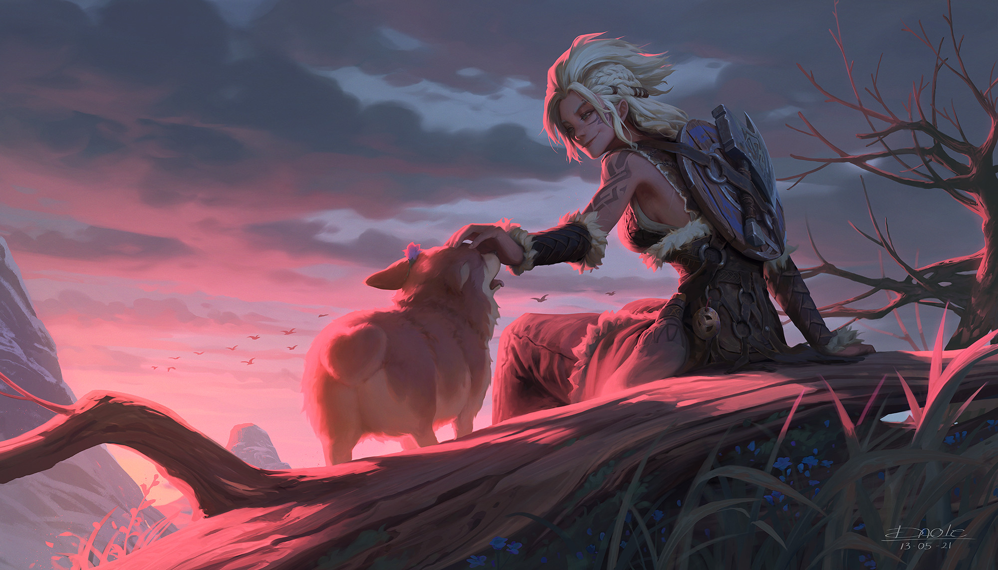 Dao Trong Le Fantasy Art Fantasy Girl Dog Animals Mammals Sitting Women Outdoors Corgi 2000x1143