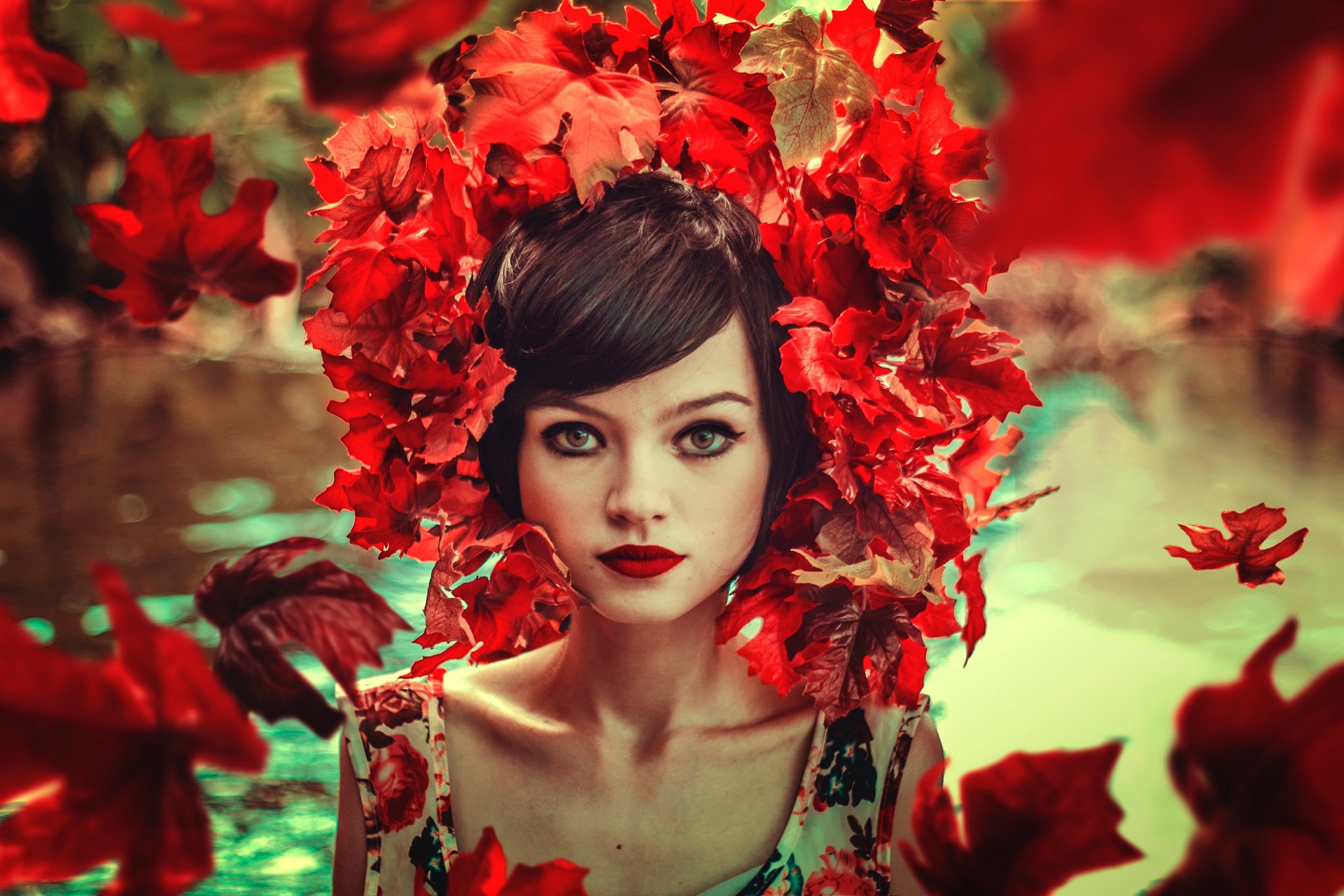 Women Brunette Fall Leaves Red Lipstick Makeup Lipstick Looking At Viewer Plants Hazel Eyes Portrait 1920x1280