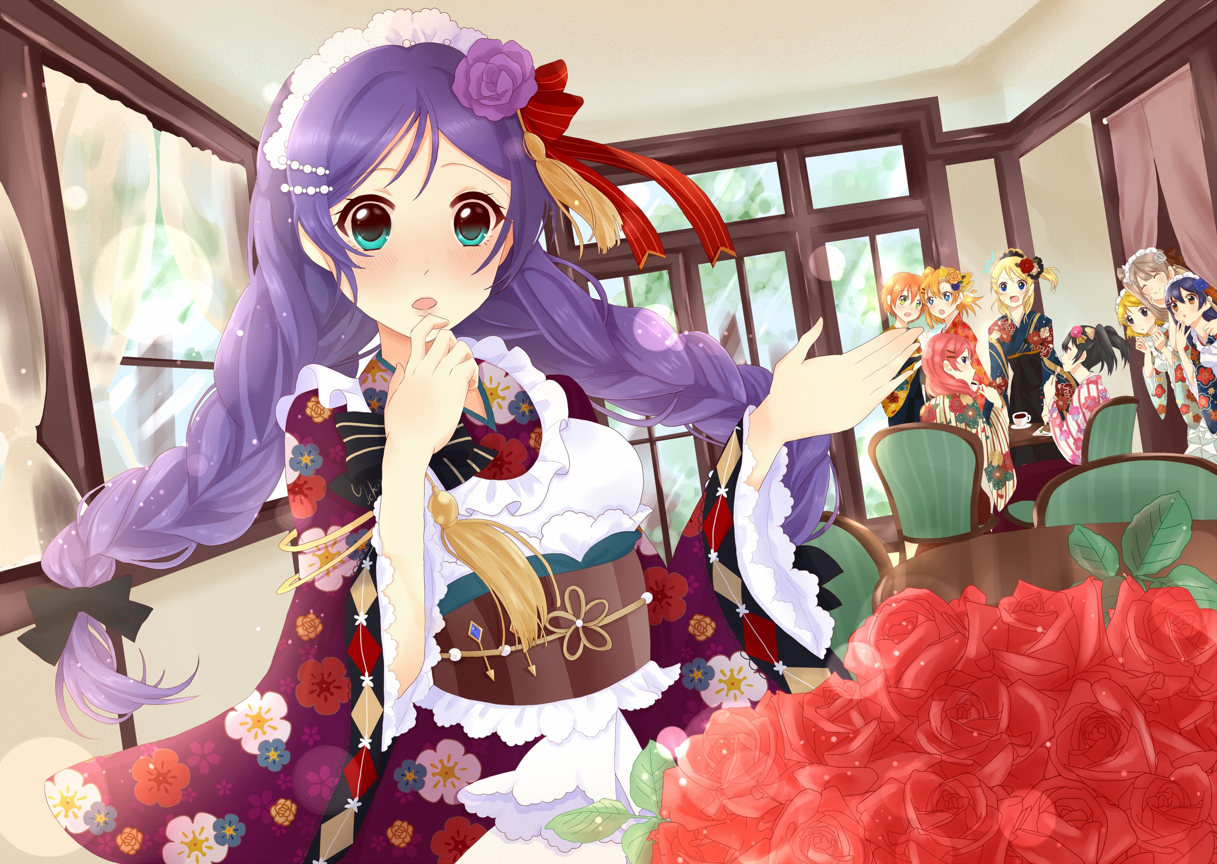 Anime Digital Art Artwork Illustration Anime Girls Maid Maid Outfit Cafe Window Purple Hair Blond Ha 2500x1776