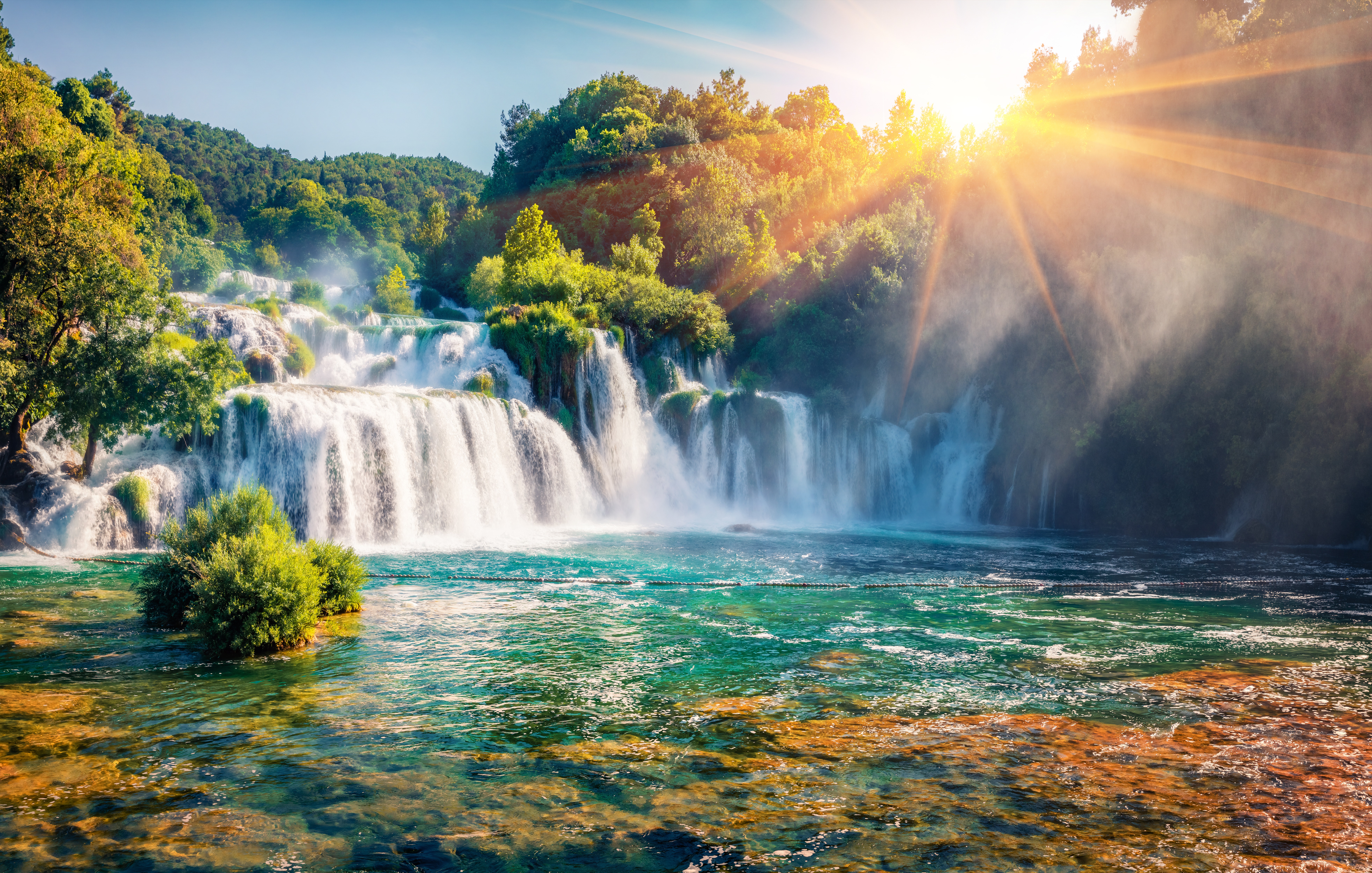 Waterfall Landscape Nature Croatia Sun Sky Trees Forest Water River Sunlight Plitvice Lakes National 7857x5000