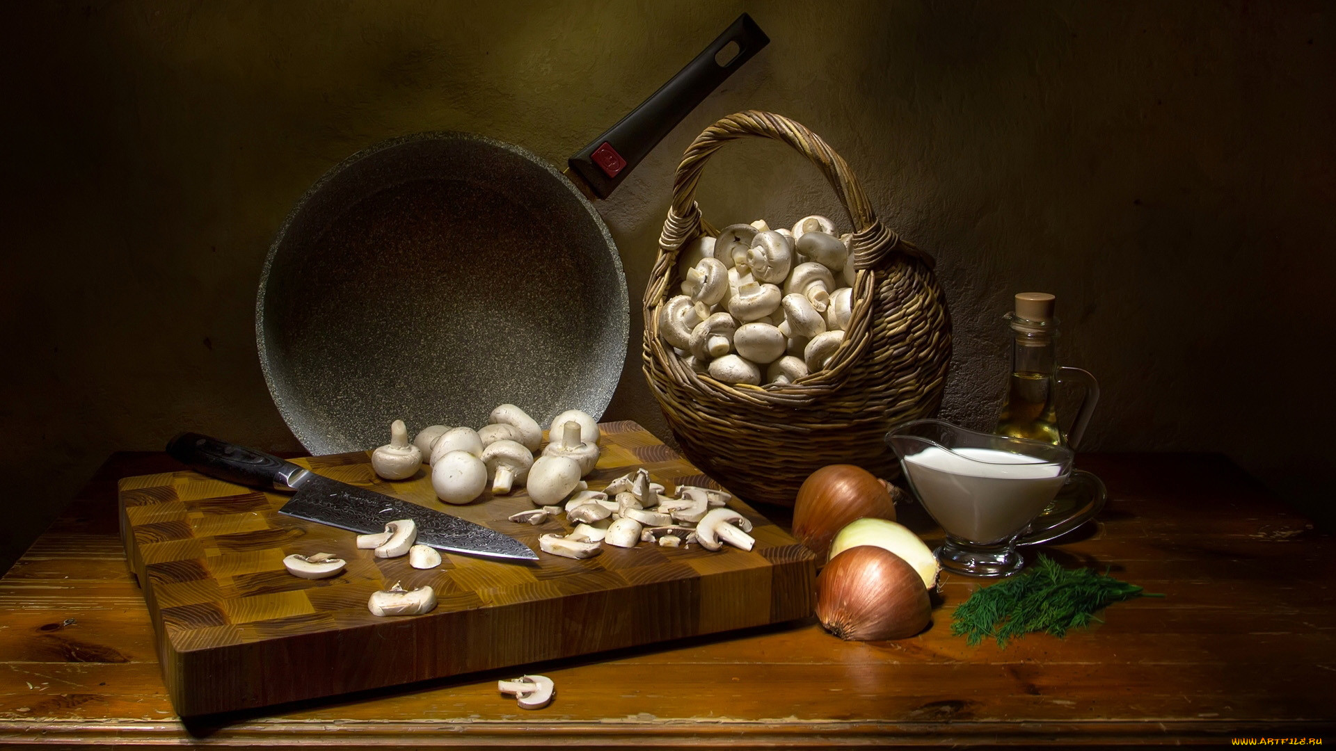 Food Still Life Mushroom Knife Pan Cooking Baskets Onions Olive Oil Cutting Board 1920x1080