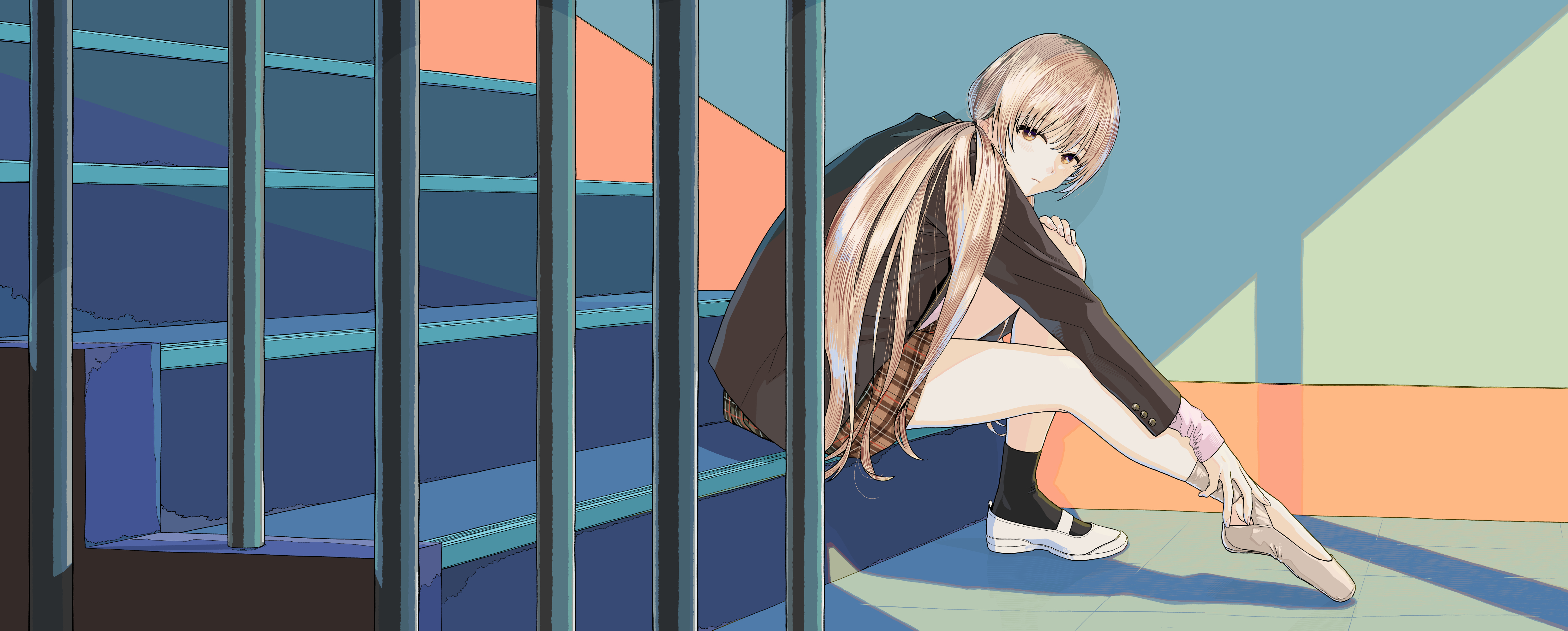 Anime Anime Girls Blonde Long Hair Stairs Skirt Socks Brown Eyes Jacket Ballerina Light Effects Look 4966x2000