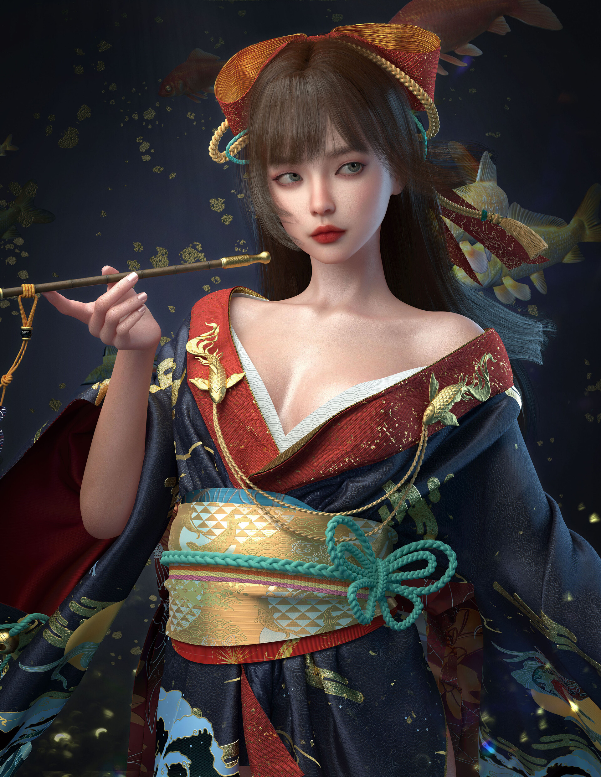 Yuan Yuan CGi Women Brunette Kimono Hair Accessories Ribbon Fish Koi Fish 1920x2481