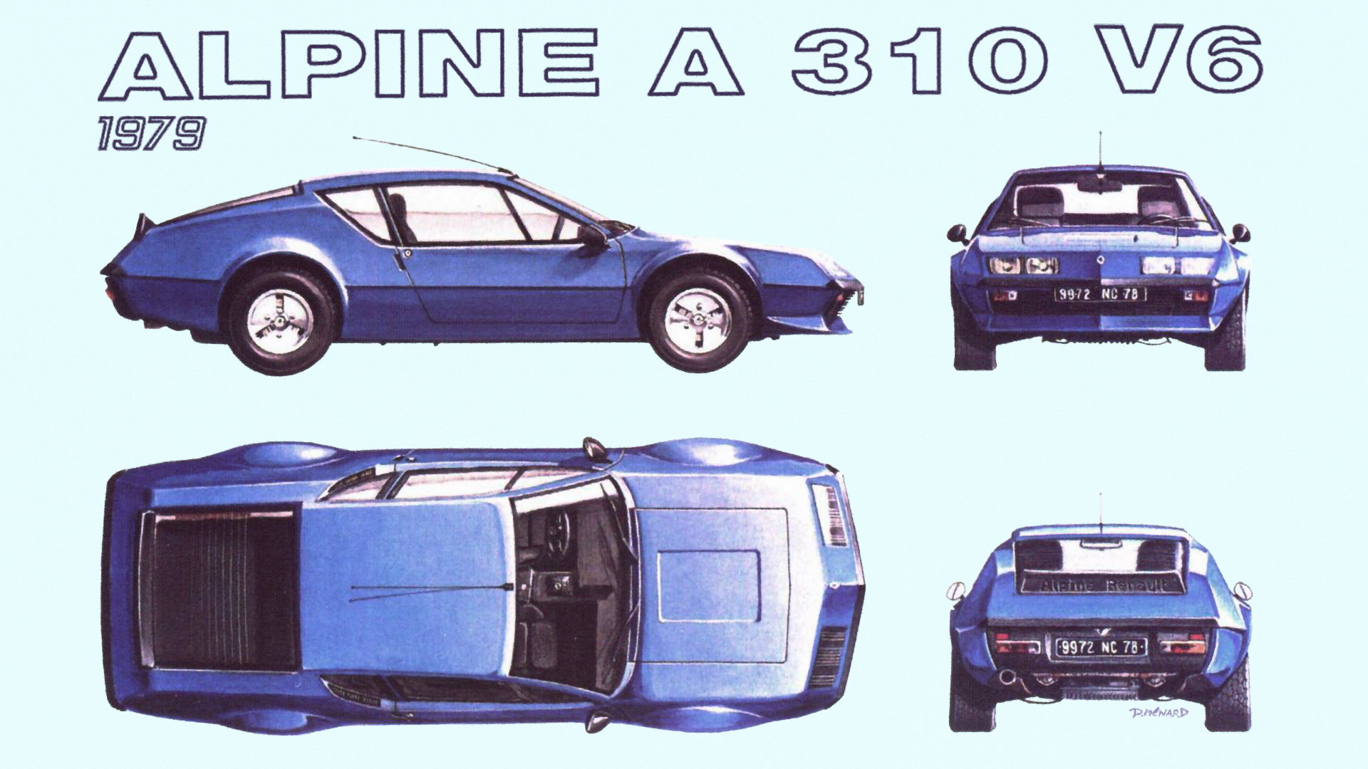 Car Renault Alpine Renault Teal Retro Car Retro Style Retro Theme Text Blueprints Sports Car Blue Ca 1920x1080
