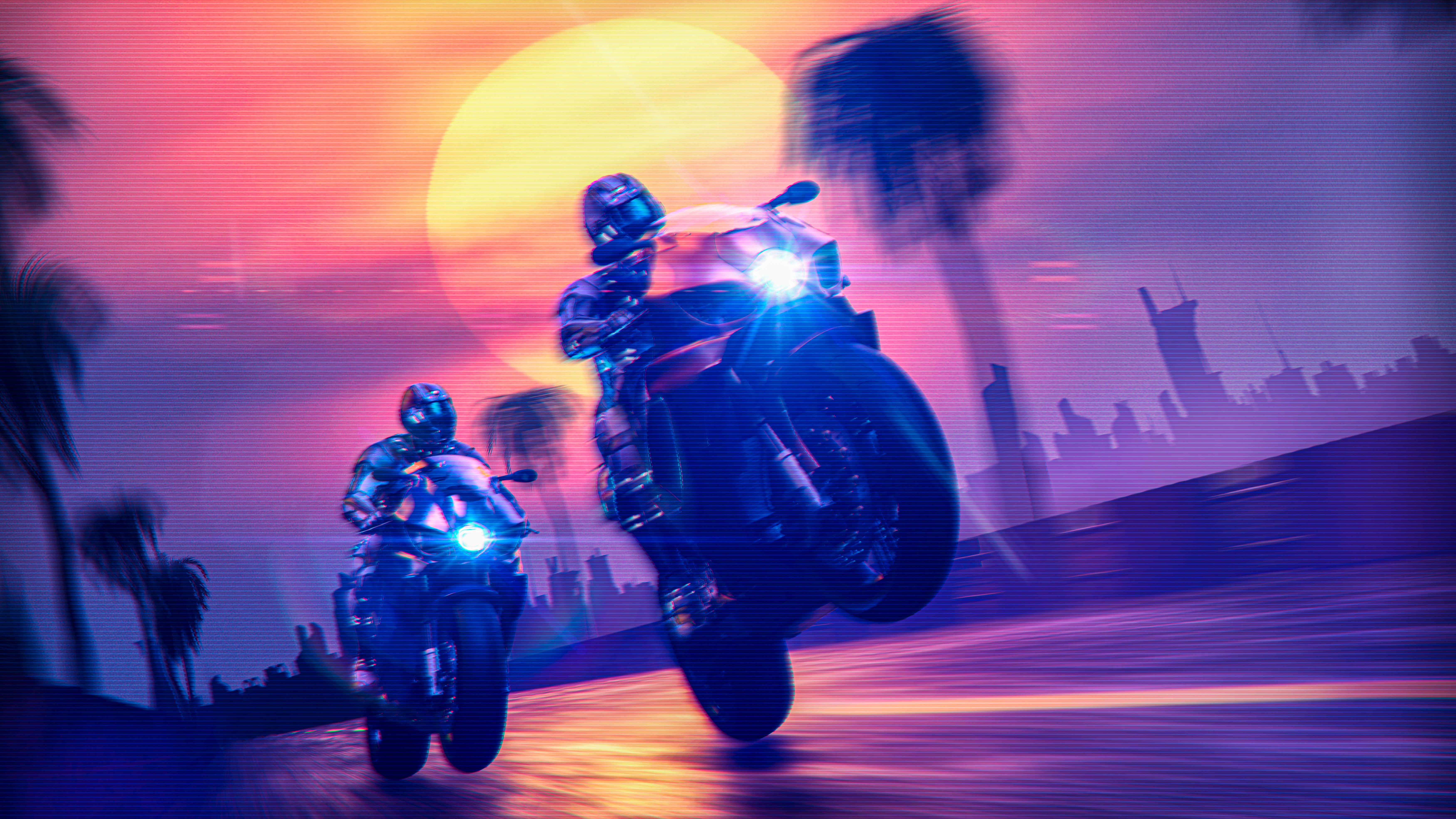 Cyberpunk Motorcycle Glitch Art Retro Style Glowing Sun 80s Science Fiction 3D Trees Sunset Colorful 7000x3938
