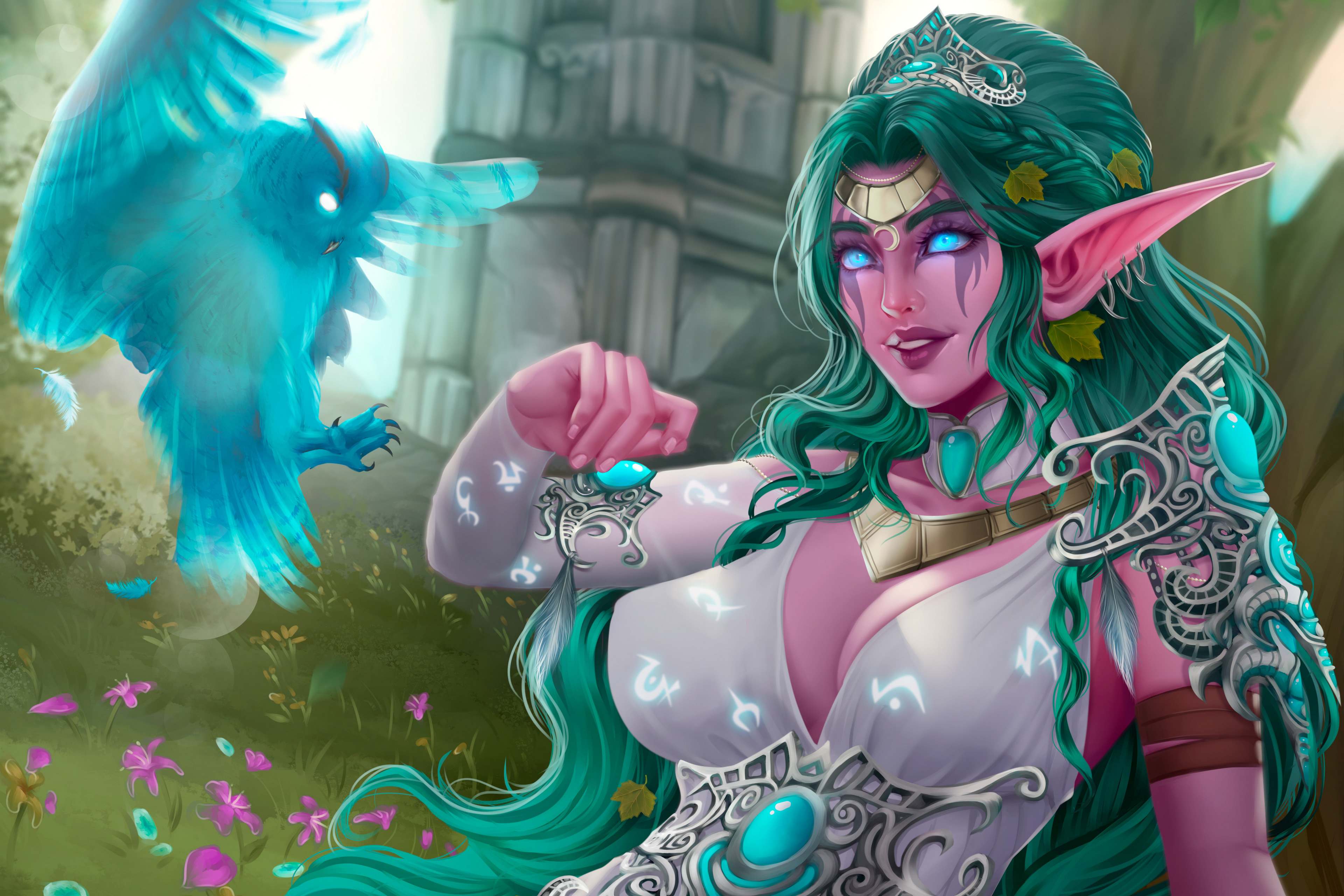 Artwork Darkra Fantasy Girl Owl Dress Neckline Warcraft Tyrande Whisperwind 3840x2560
