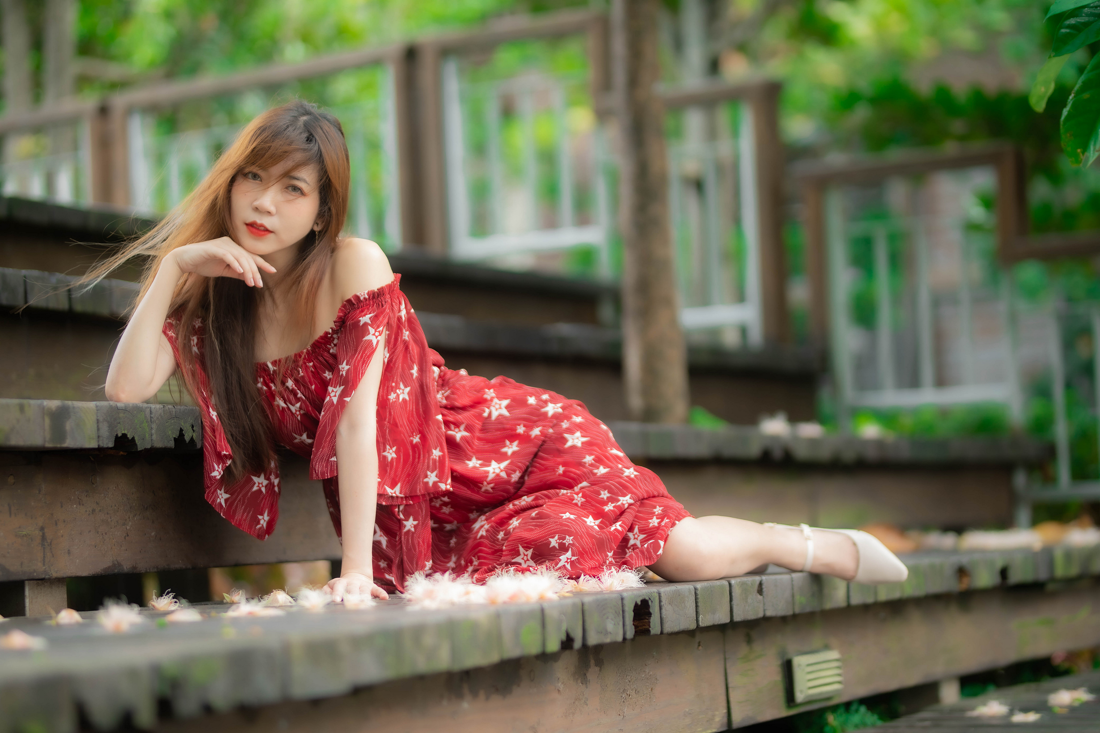 Asian Model Women Long Hair Dark Hair Depth Of Field Dress Stairs Leaning Lying On Side Looking At V 3840x2560