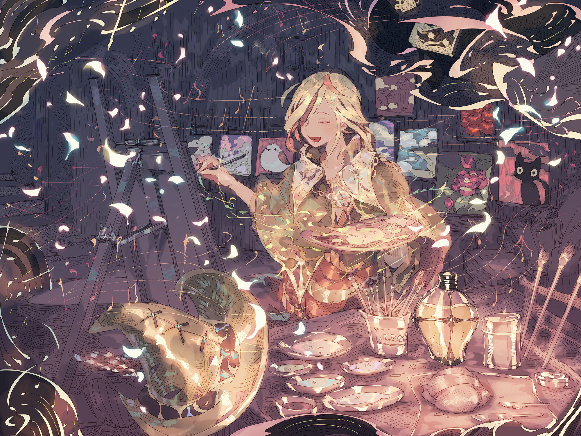 Anime Anime Girls Blonde Long Hair Painting Hat Brush Table Plates Canvas Closed Eyes 2000x1500