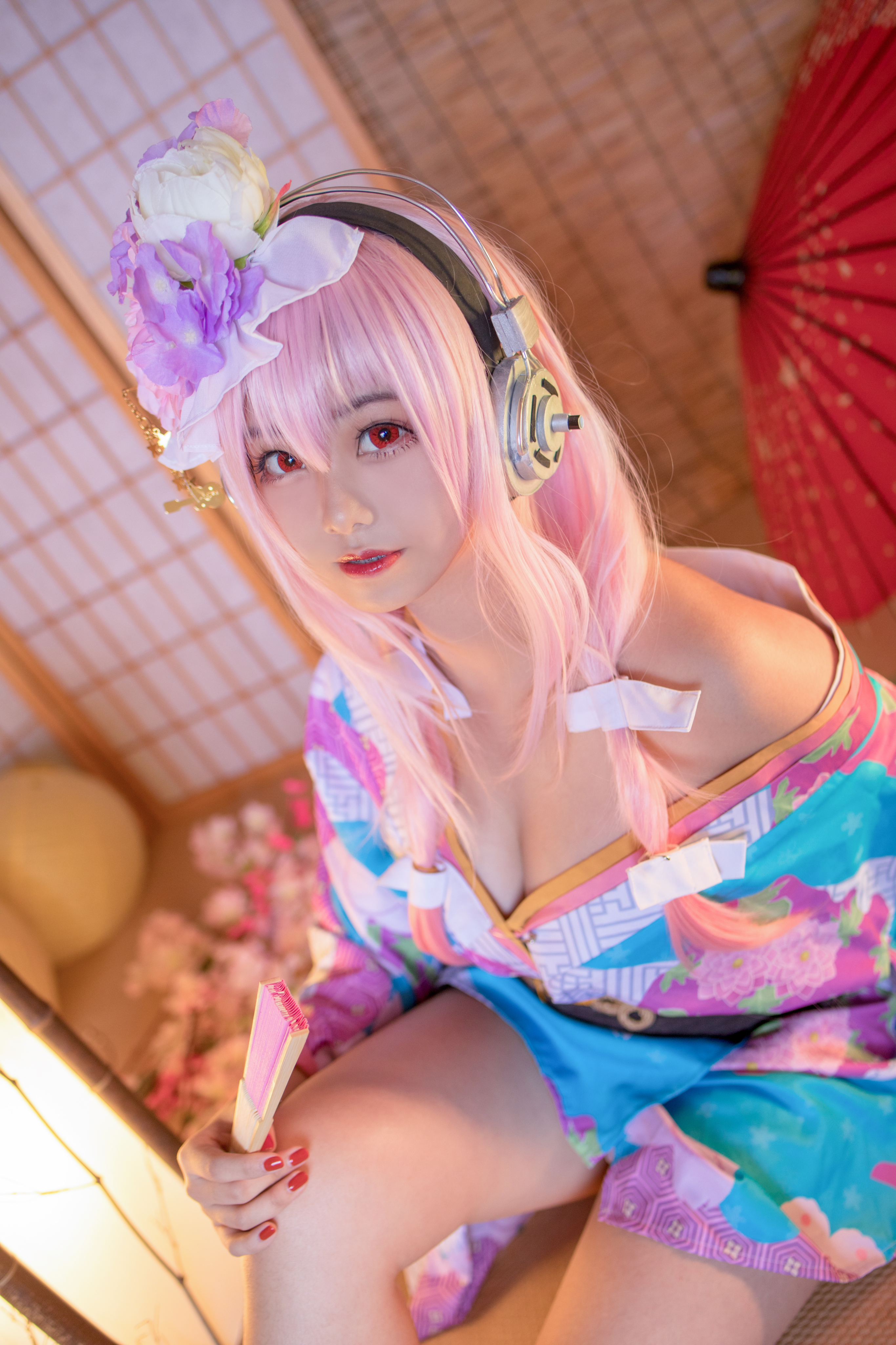 Women Model Asian Cosplay Super Sonico Anime Kimono Bare Shoulders Indoors Women Indoors 2731x4096