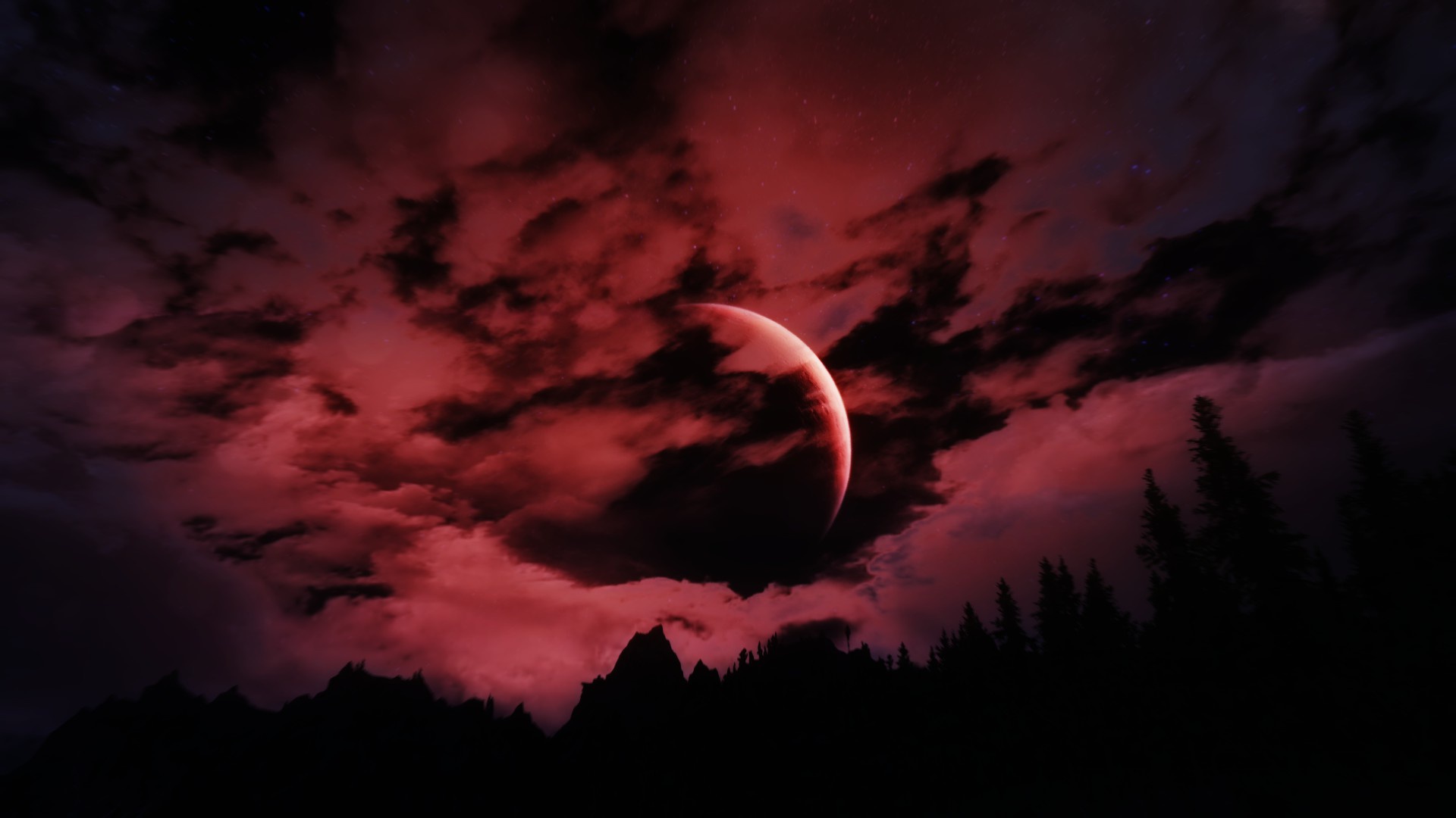 Moon Clouds Nature Night Screen Shot Video Games The Elder Scrolls Red Moon The Elder Scrolls V Skyr 1920x1080