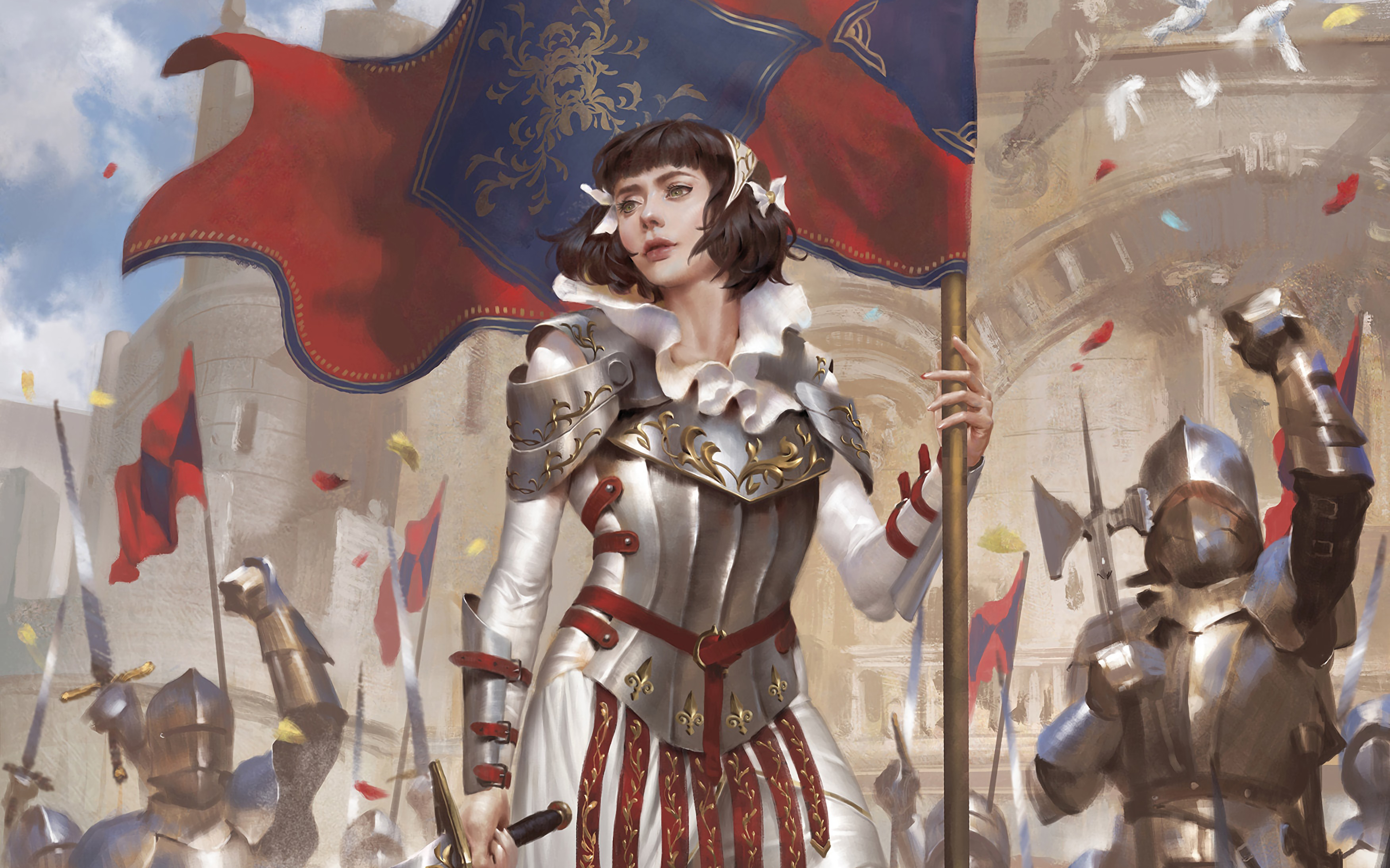 Joan Of Arc Brown Hair Woman Warrior Banner Short Hair 3500x2187