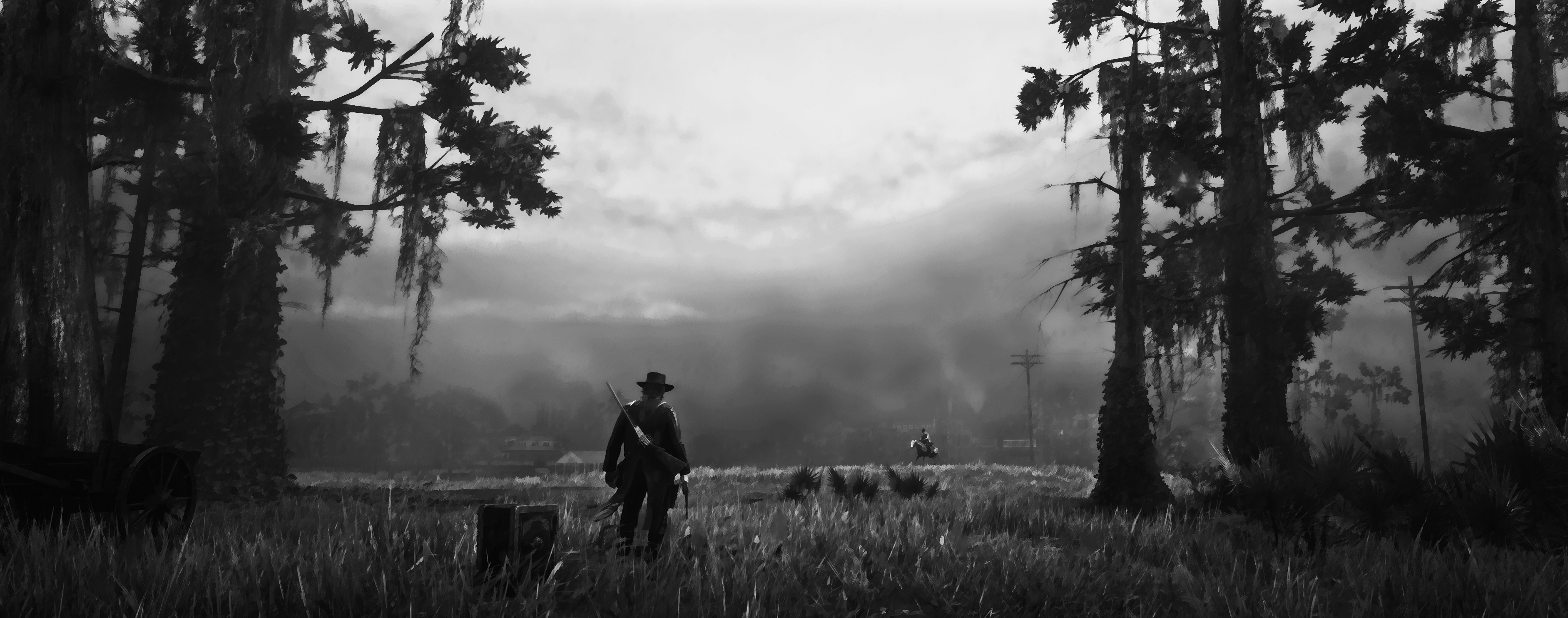 Red Dead Redemption 2 PC Gaming Video Games Monochrome Screen Shot Rockstar Games 3766x1485